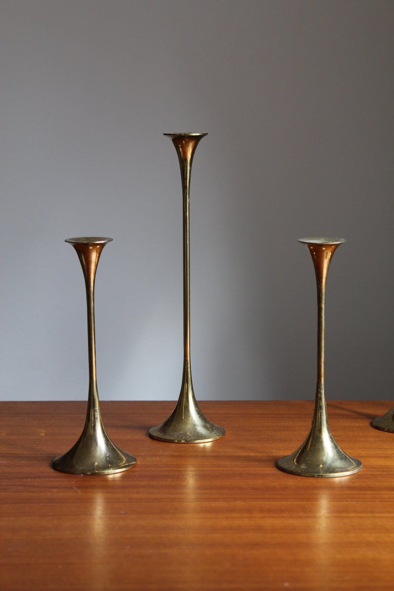 Mid-20th Century Swedish Designer, Candlesticks, Brass, Sweden, 1960s For Sale