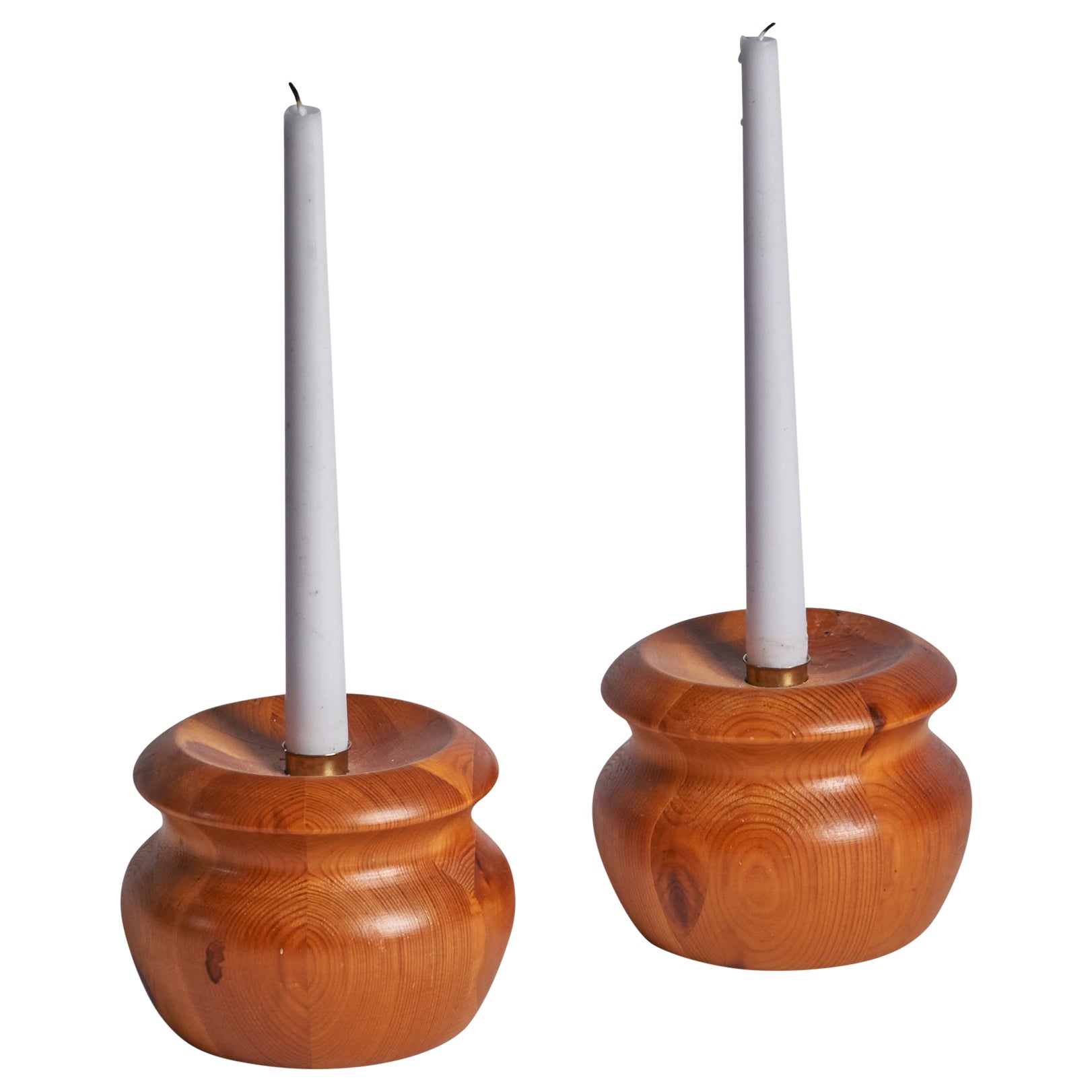 Swedish Designer, Candlesticks, Pine, Brass, Sweden, 1970s