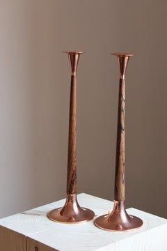 Swedish Designer, Candlesticks, wood, Copper, Sweden, 1970s