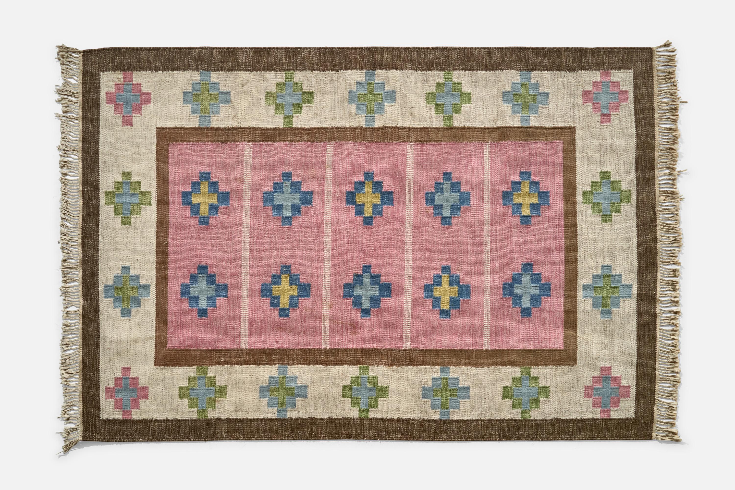 Alfombra de lana teñida multicolor diseñada y fabricada en Suecia, c. 1960.
