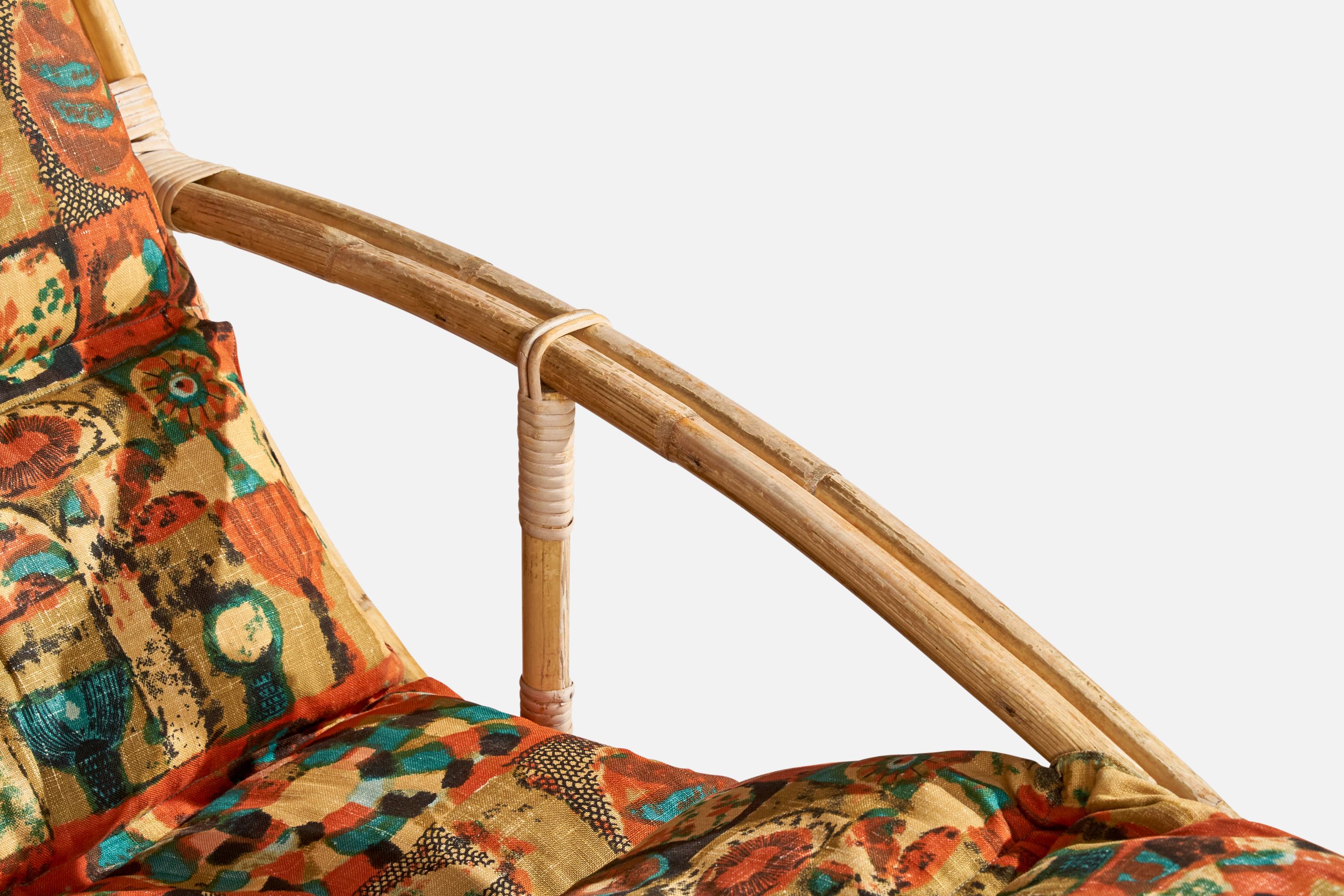 Designer suédois, chaise longue, bambou, rotin, bois, tissu, Suède, années 1940 en vente 5