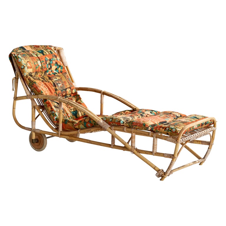 Swedish Designer, Chaise Longue, Bamboo, Rattan, Wood, Fabric
