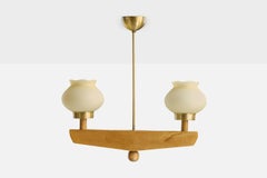 Schwedischer Designer, Kronleuchter, Birke, Messing, Glas, Schweden, 1950er Jahre