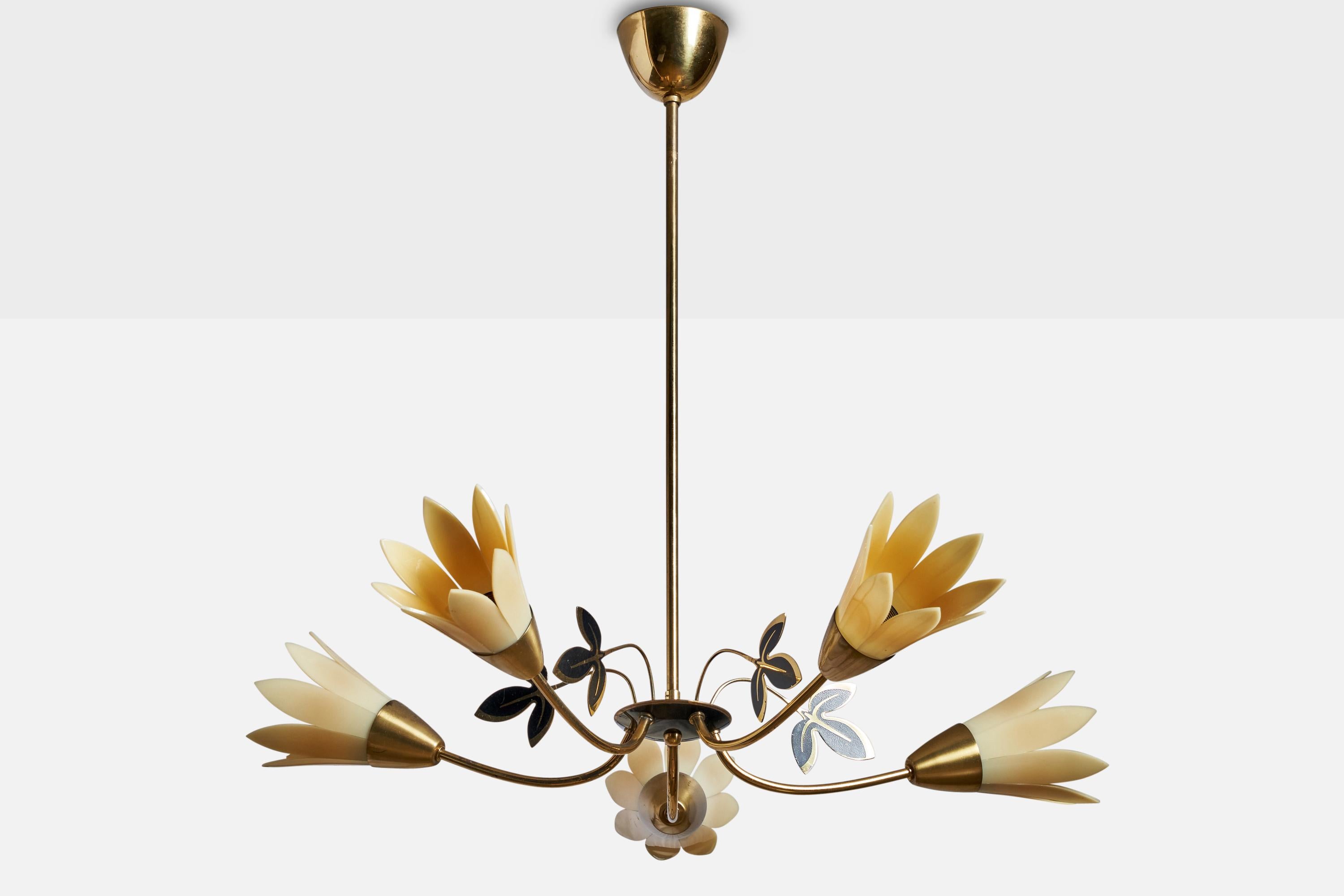 A brass and beige acrylic chandelier designed and produced in Sweden, 1950s.

Dimensions of canopy (inches): 2.5” H x 3.25” Diameter
Socket takes standard E-14 bulbs. 5 sockets.There is no maximum wattage stated on the fixture. All lighting will be