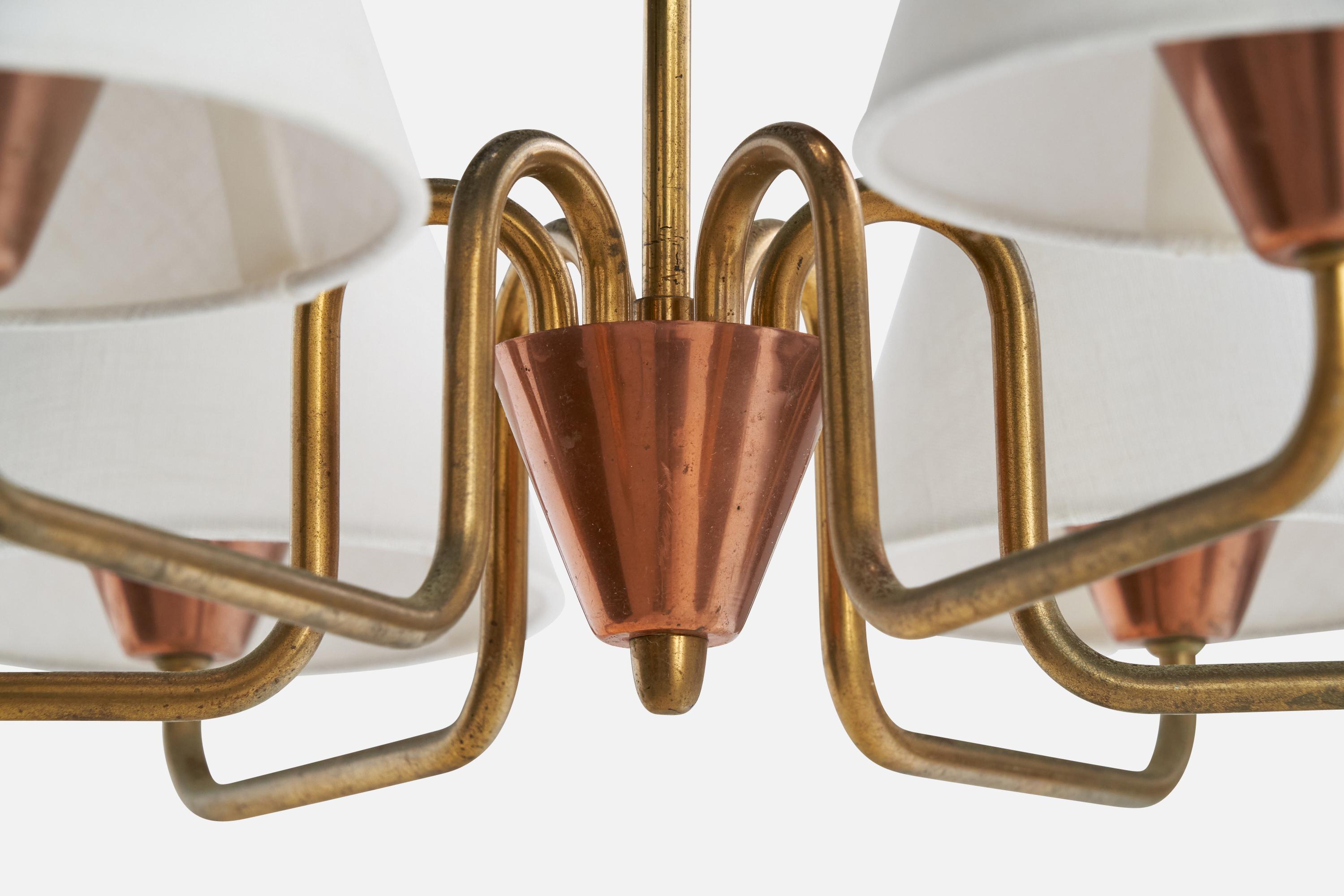 Designer suédois, lustre, laiton, cuivre, tissu, Suède, années 1950 en vente 1