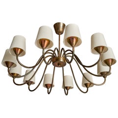 Swedish Designer, Chandelier, Brass, Copper, Fabric, Sweden, 1950s