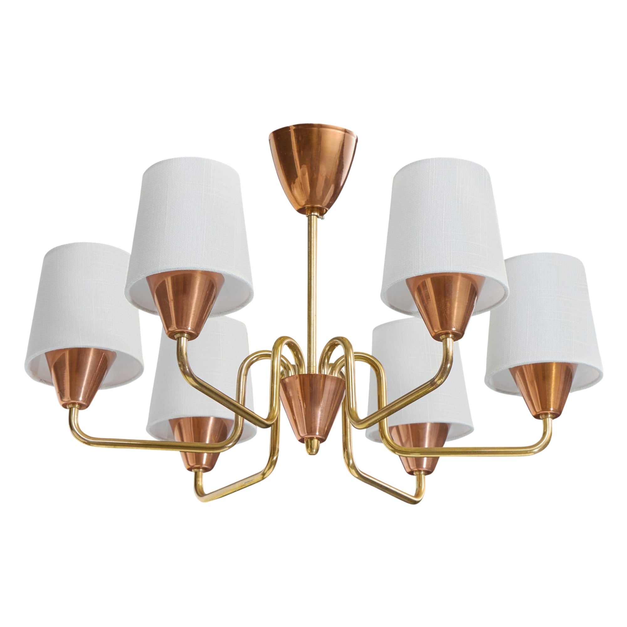 Swedish Designer, Chandelier, Brass, Copper, Fabric, Sweden, 1950s For Sale