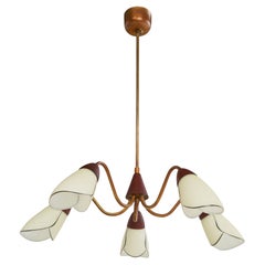 Swedish Designer, Chandelier, Brass, Copper, Teak, Glass, Sweden, 1950s