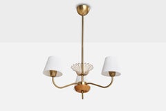 Swedish Designer, Chandelier, Brass, Elm, Fabric, Sweden, 1940s