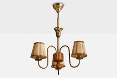 Swedish Designer, Chandelier, Brass, Elm, Fabric, Sweden, 1940s