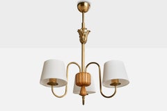 Swedish Designer, Chandelier, Brass, Elm, Fabric, Sweden, 1940s