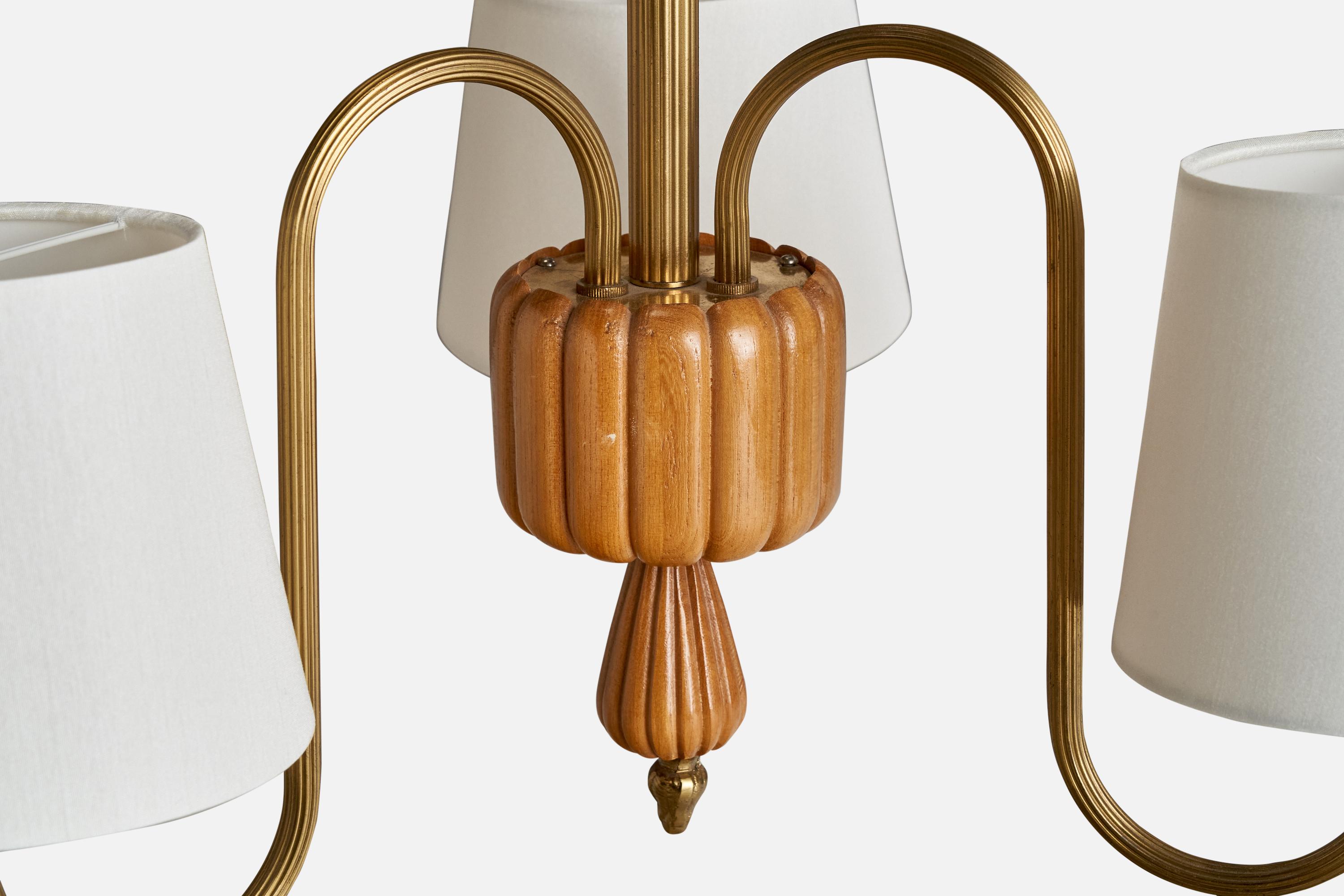 Schwedischer Designer, Kronleuchter, Messing, Ulme, Stoff, Schweden, 1940er Jahre im Angebot 2