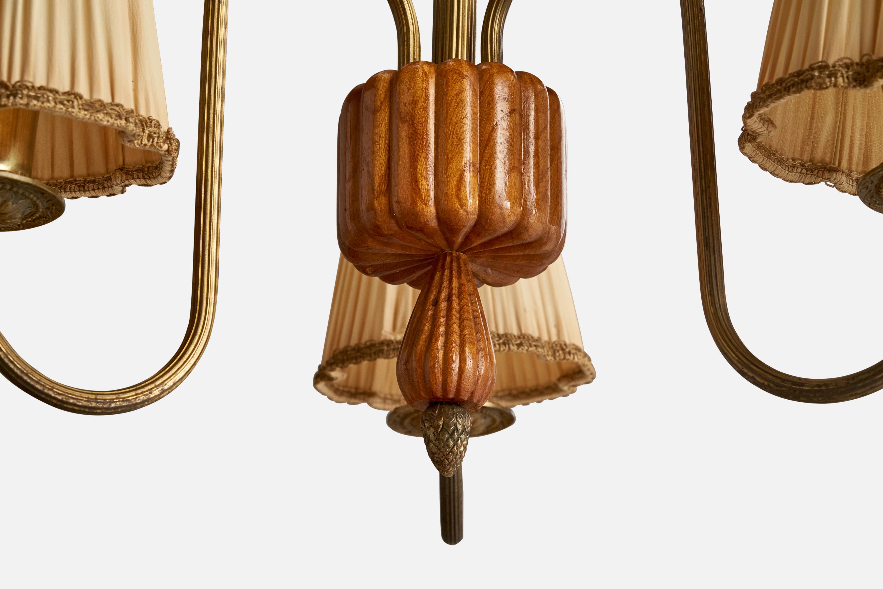 Lampadario di design svedese, ottone, olmo, tessuto, Svezia, anni '40 in vendita 1