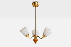 Swedish Designer, Chandelier, Brass, Elm, Glass, Sweden, 1940s