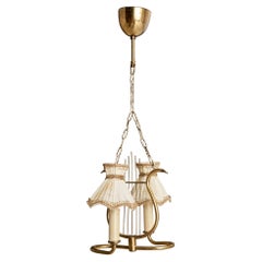Schwedischer Designer, Kronleuchter, Messing, Stoff, Bakelit, Schweden, 1940er Jahre