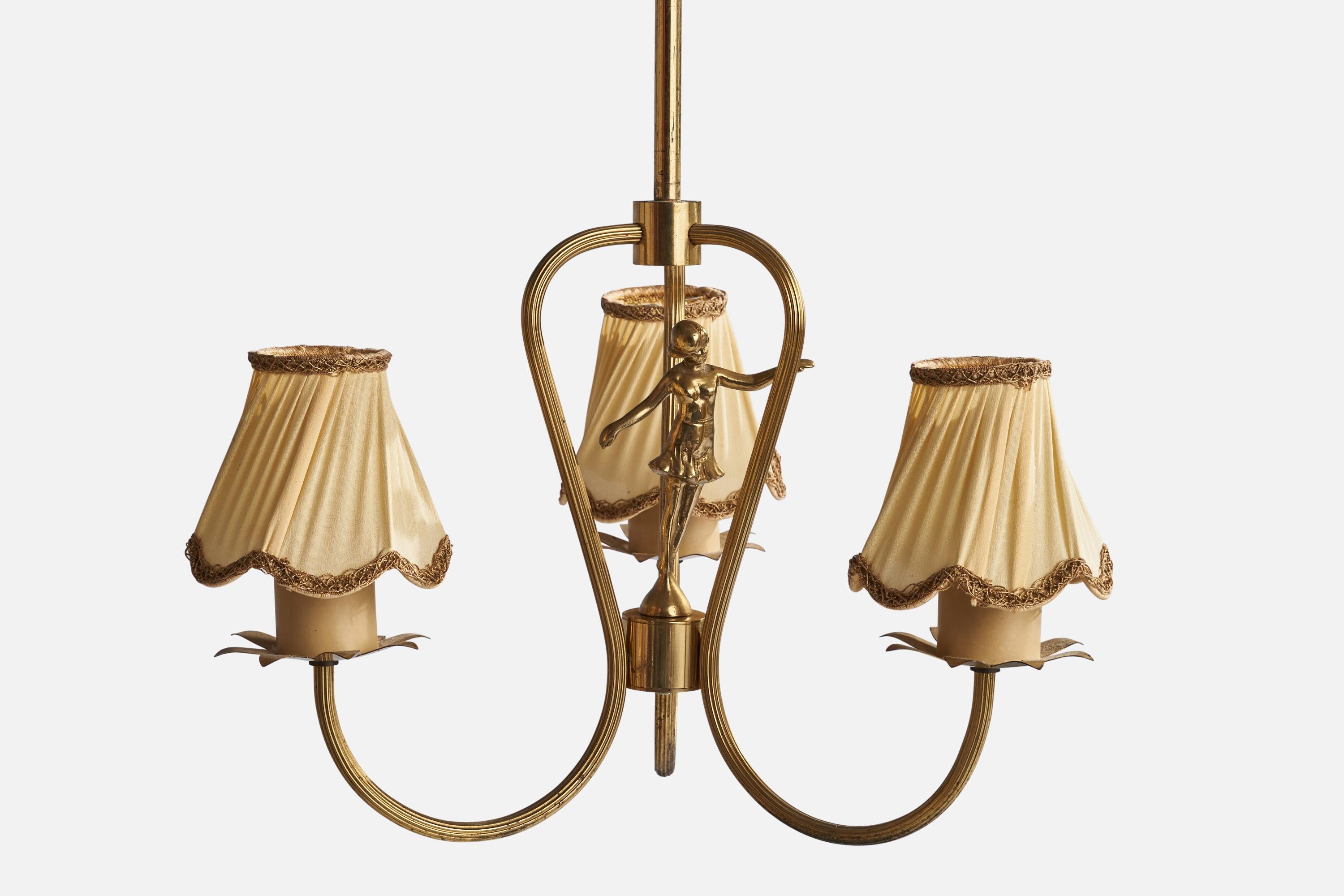 Swedish Designer, Chandelier, Brass, Fabric, Sweden, 1930s In Good Condition For Sale In High Point, NC