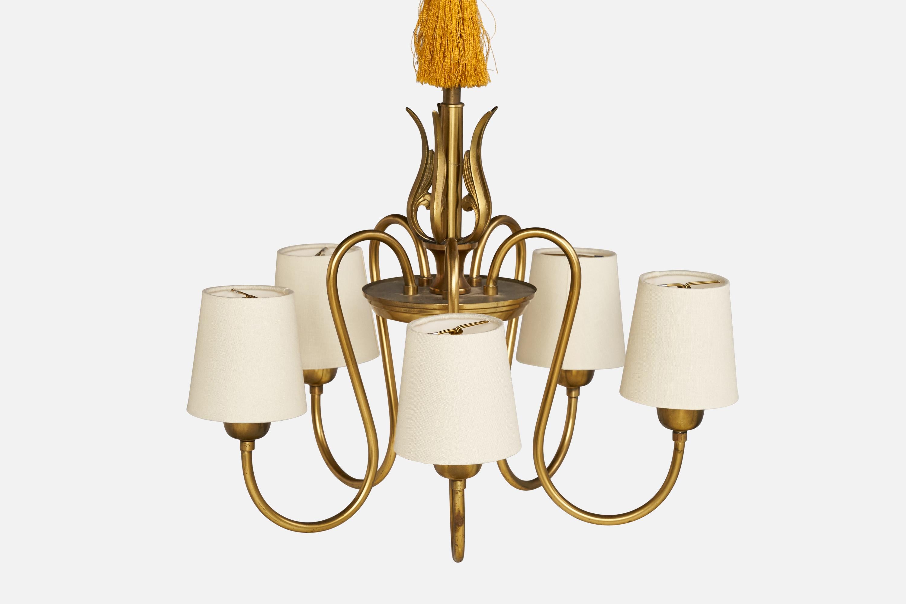 Swedish Designer, Chandelier, Brass, Fabric, Sweden, 1930s In Good Condition For Sale In High Point, NC