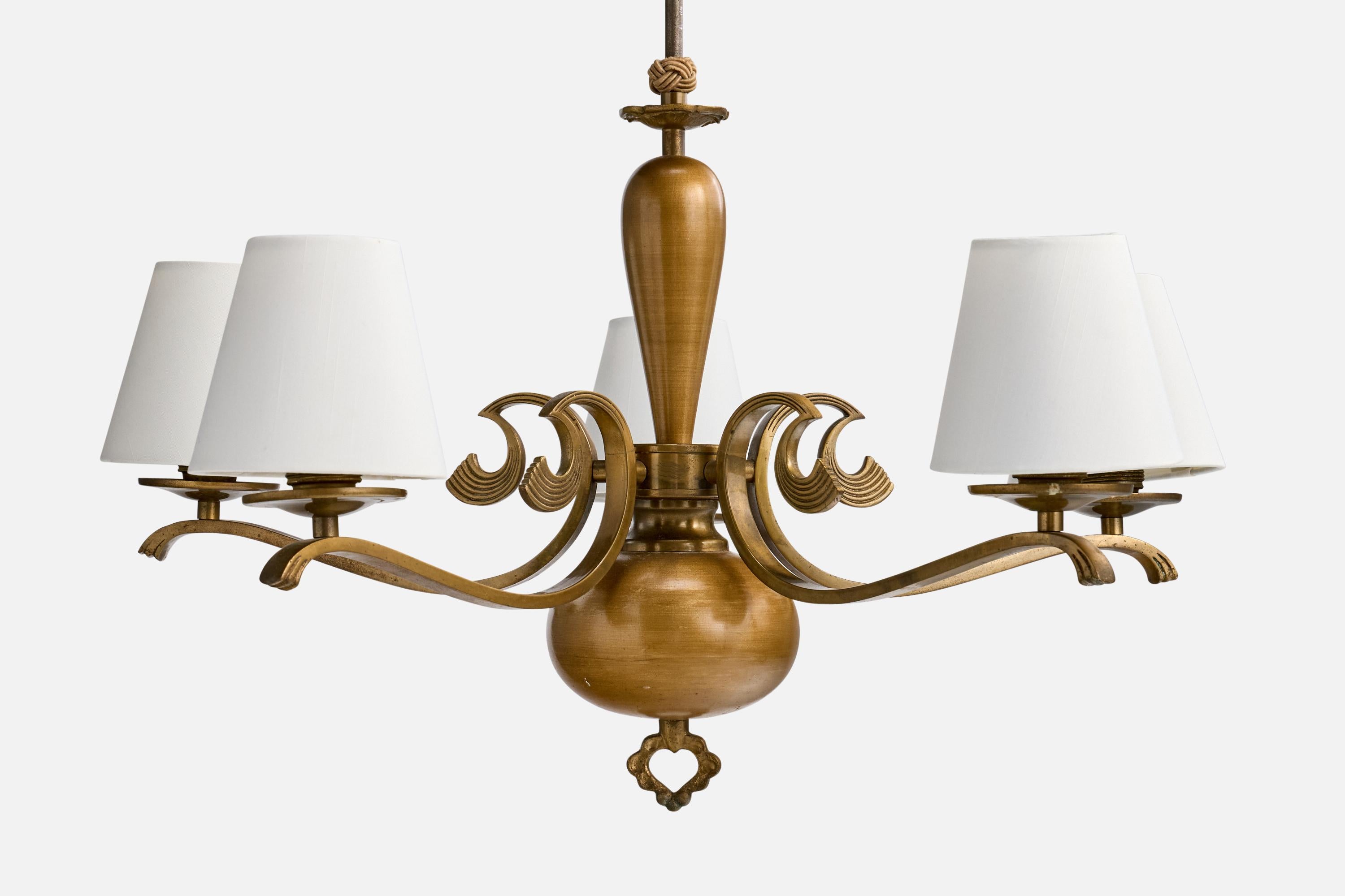 Ottone Lampadario di design svedese, ottone, tessuto, Svezia, anni '1930 in vendita