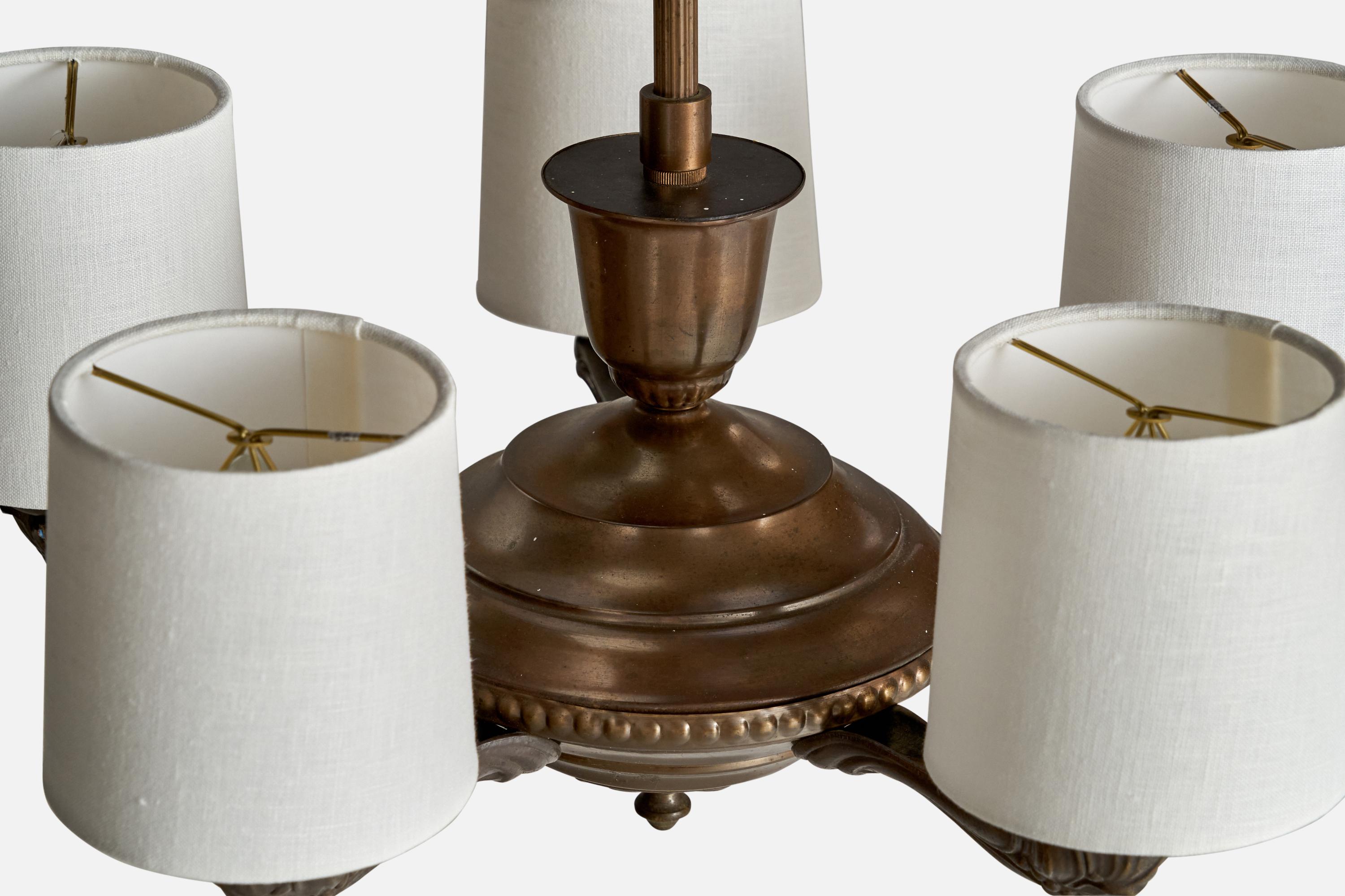 Lampadario di design svedese, ottone, tessuto, Svezia, anni '1930 in vendita 1