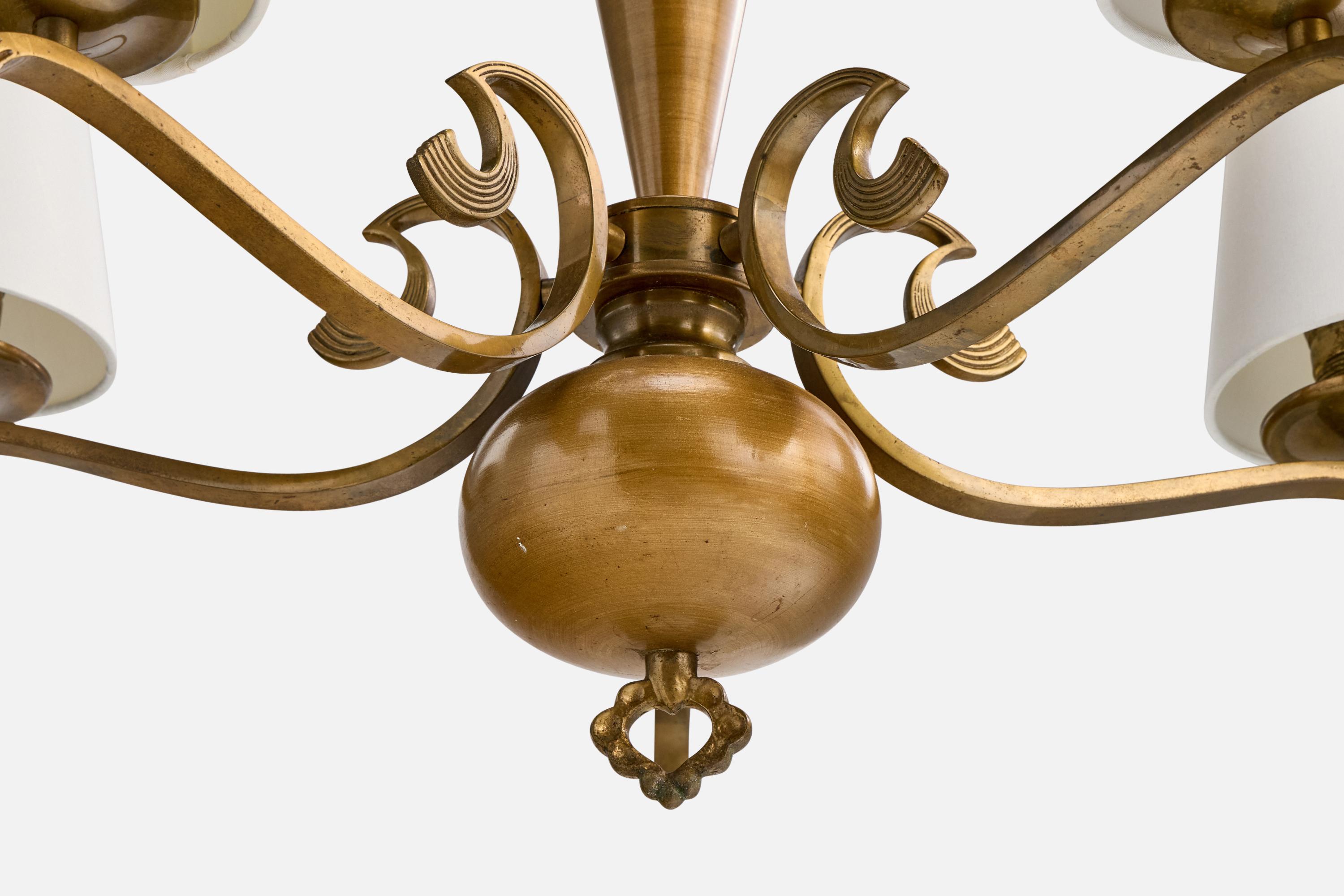 Lampadario di design svedese, ottone, tessuto, Svezia, anni '1930 in vendita 1