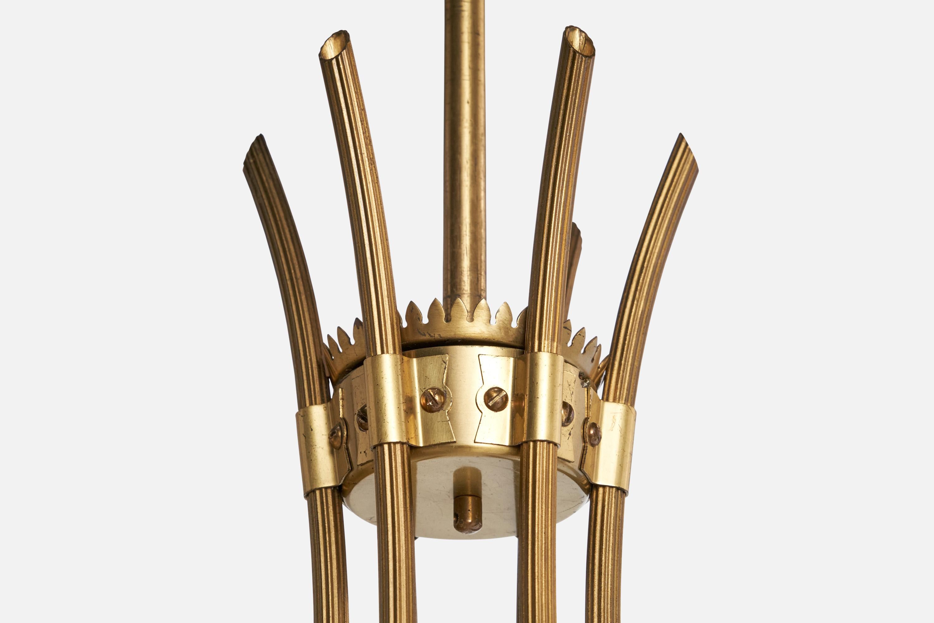 Lampadario di design svedese, ottone, tessuto, Svezia, anni '1940 3