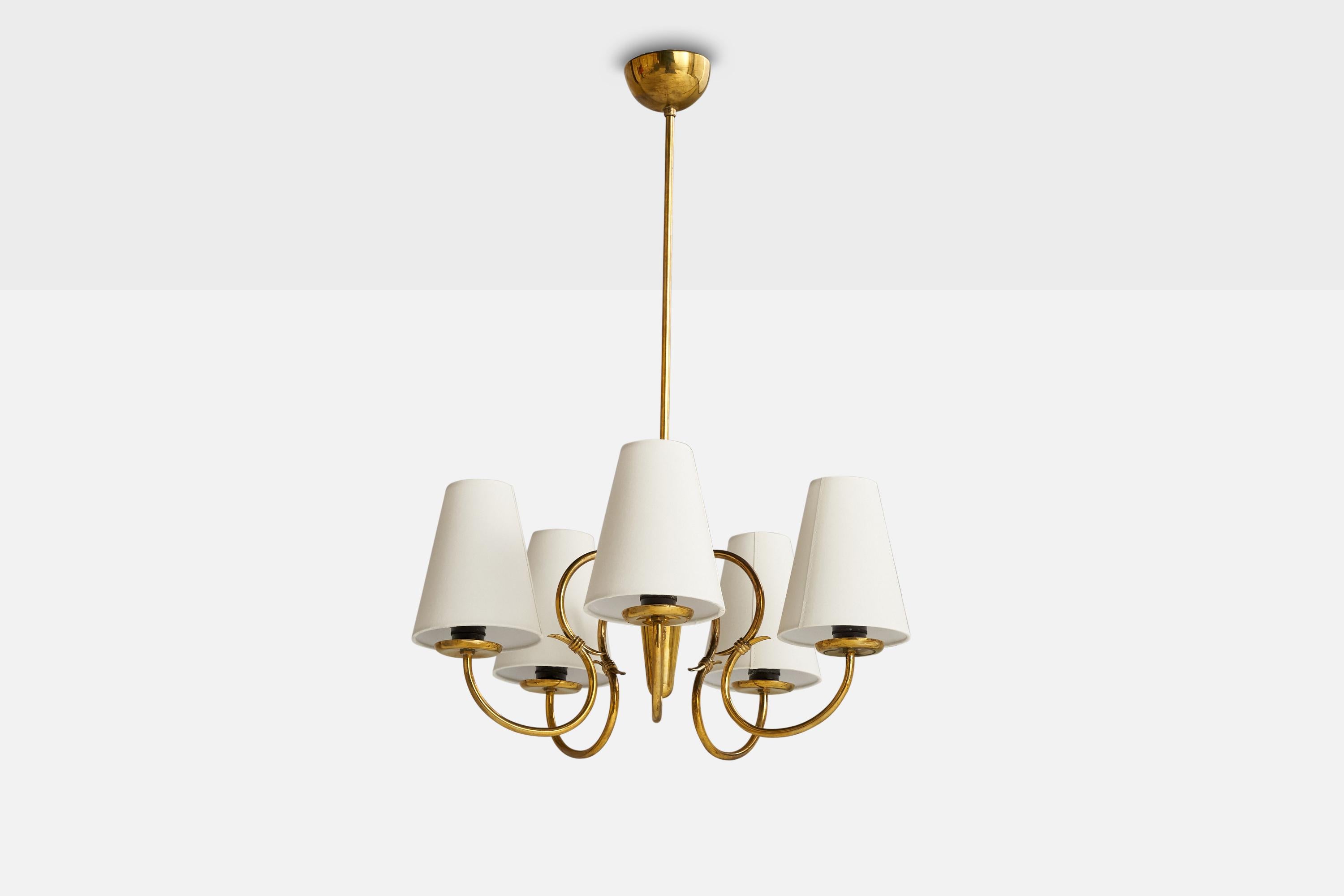A brass and white fabric chandelier designed and produced in Sweden, 1940s.

Dimensions of canopy (inches): 3.25” H x 2.75”  Diameter
Socket takes standard E-26 bulbs. 5 sockets.There is no maximum wattage stated on the fixture. All lighting will be