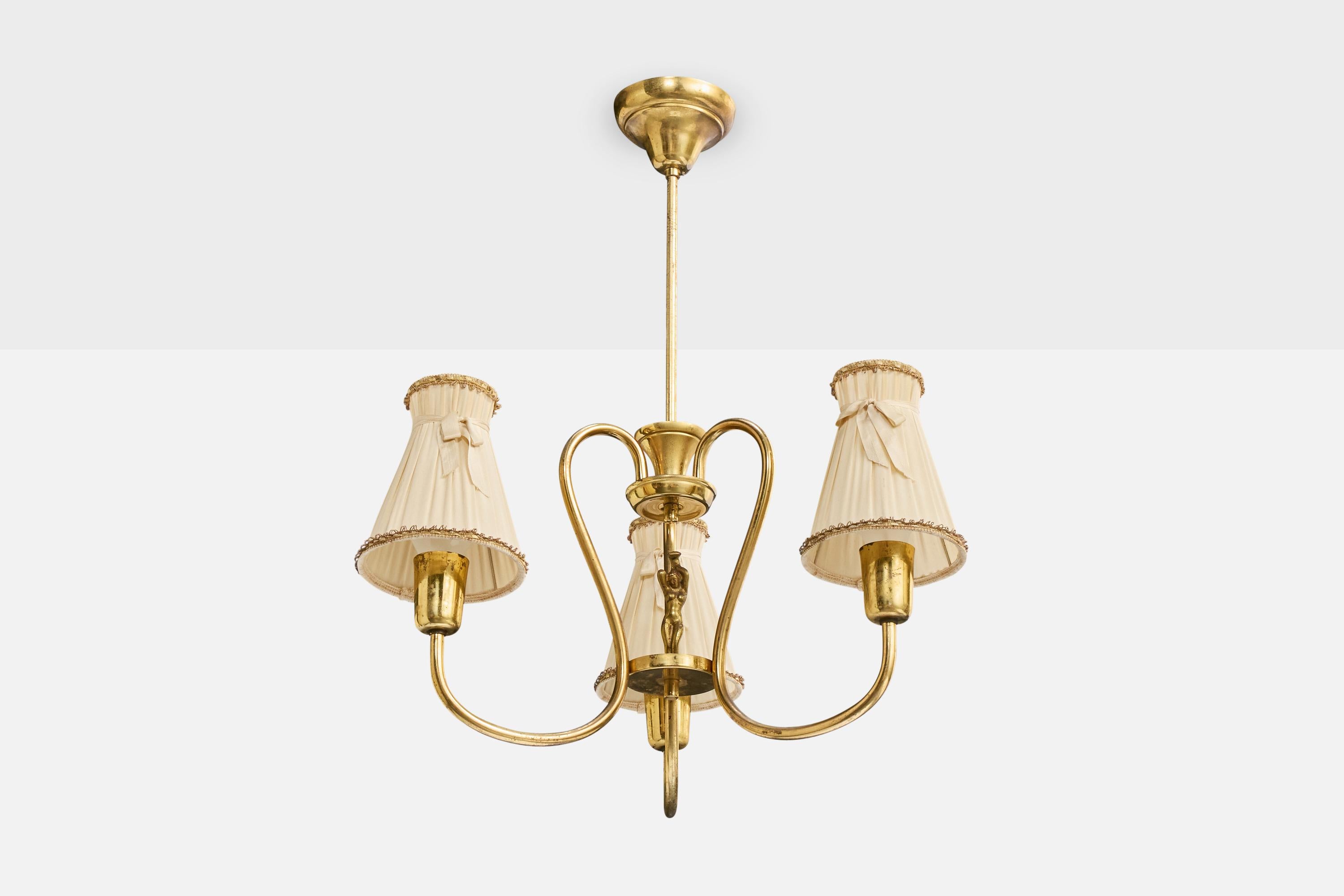 A brass and off-white fabric chandelier designed and produced in Sweden, c. 1940s.

Overall Dimensions (inches): 24.5