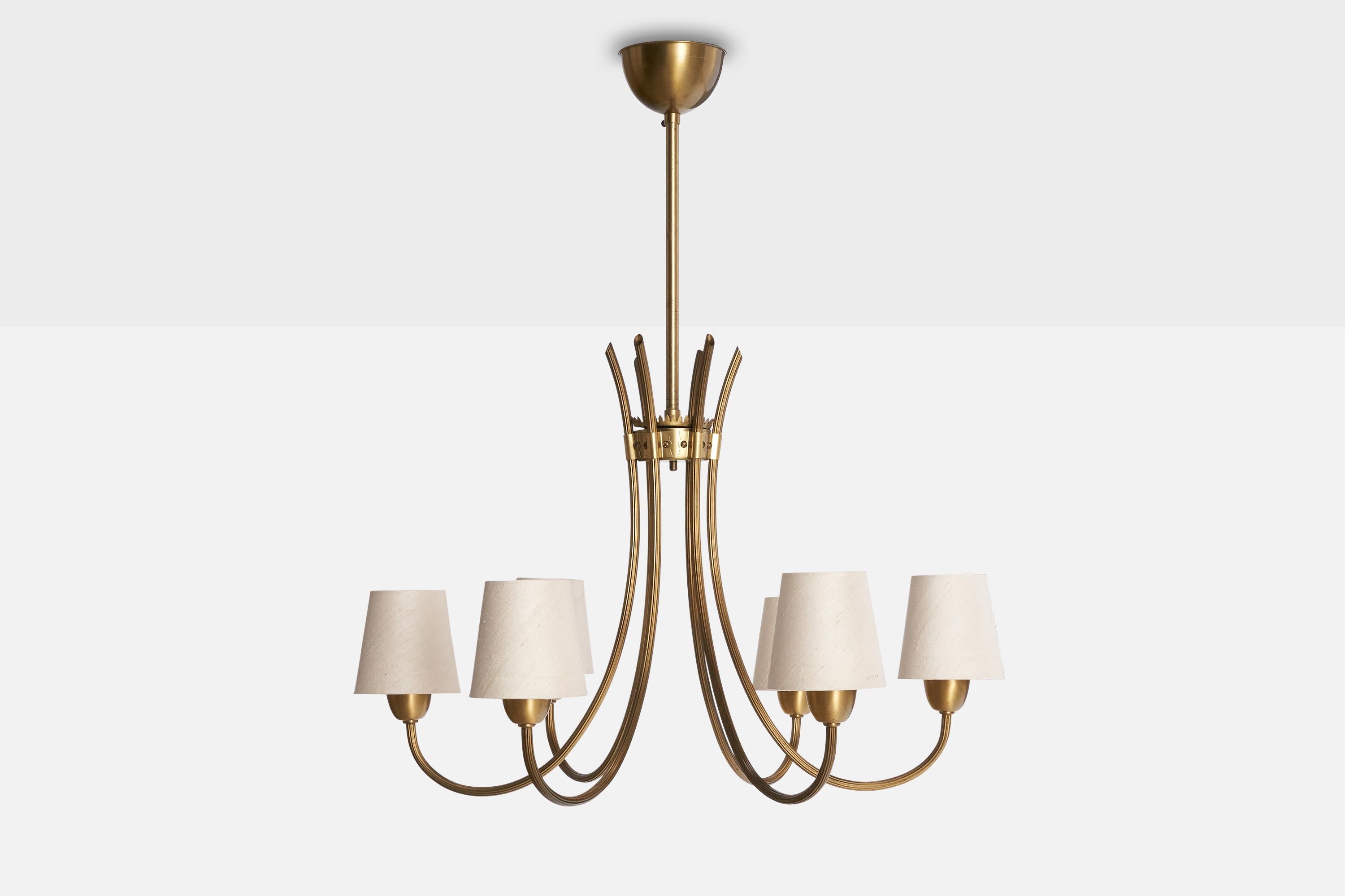 Scandinavo moderno Lampadario di design svedese, ottone, tessuto, Svezia, anni '1940