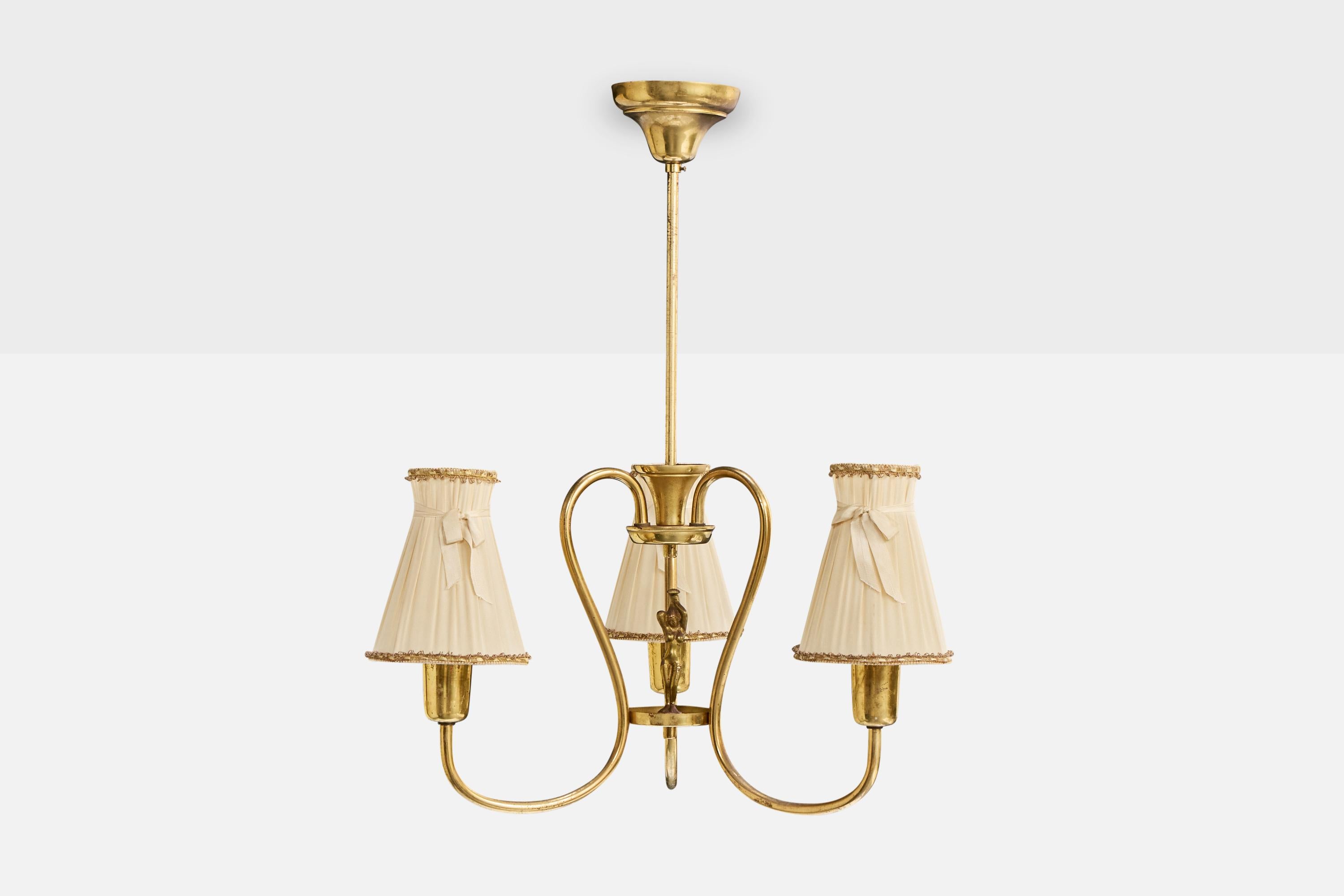 Mid-Century Modern Swedish Designer, Chandelier, Brass, Fabric, Sweden, 1940s For Sale