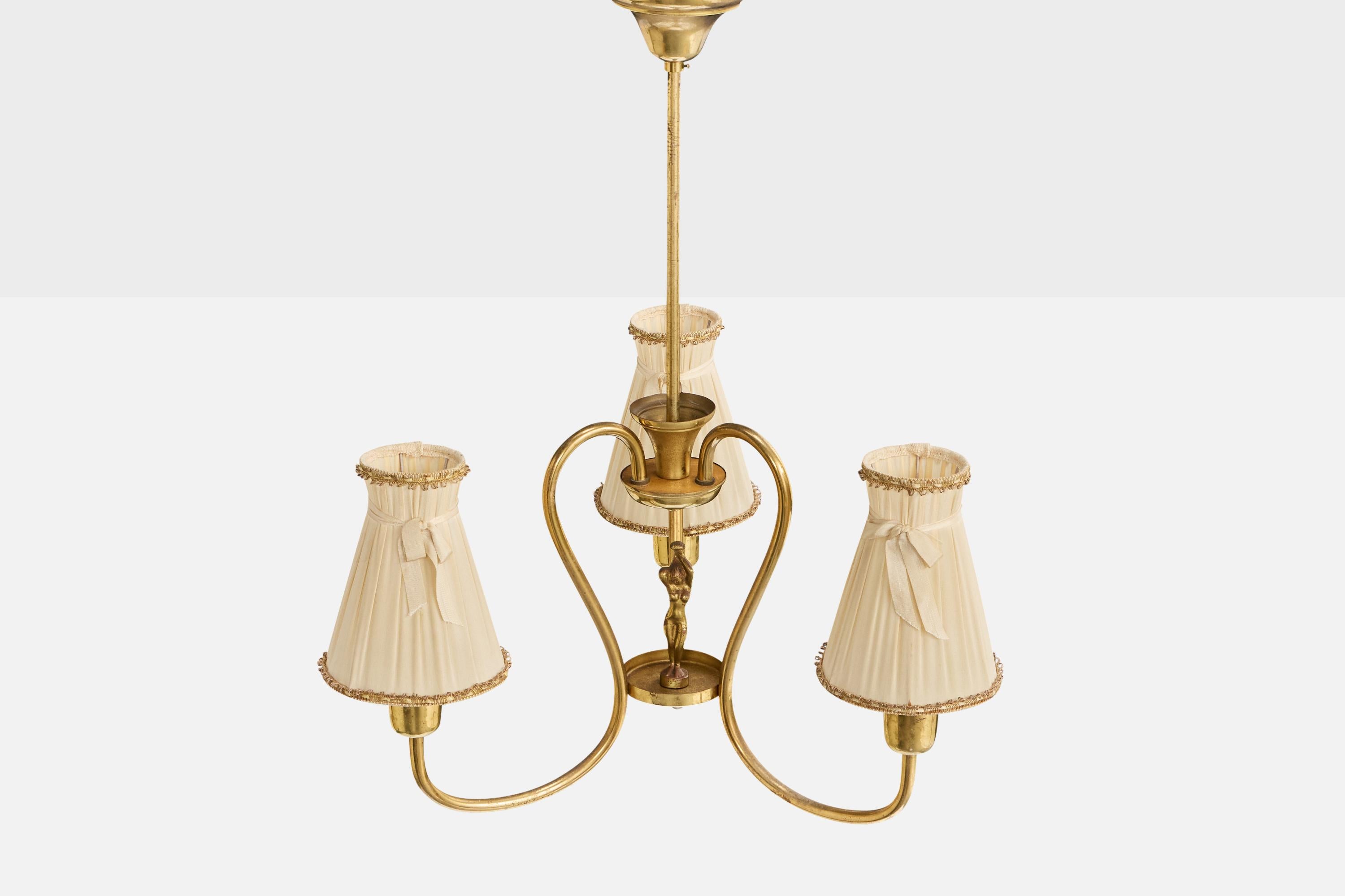 Swedish Designer, Chandelier, Brass, Fabric, Sweden, 1940s In Good Condition For Sale In High Point, NC