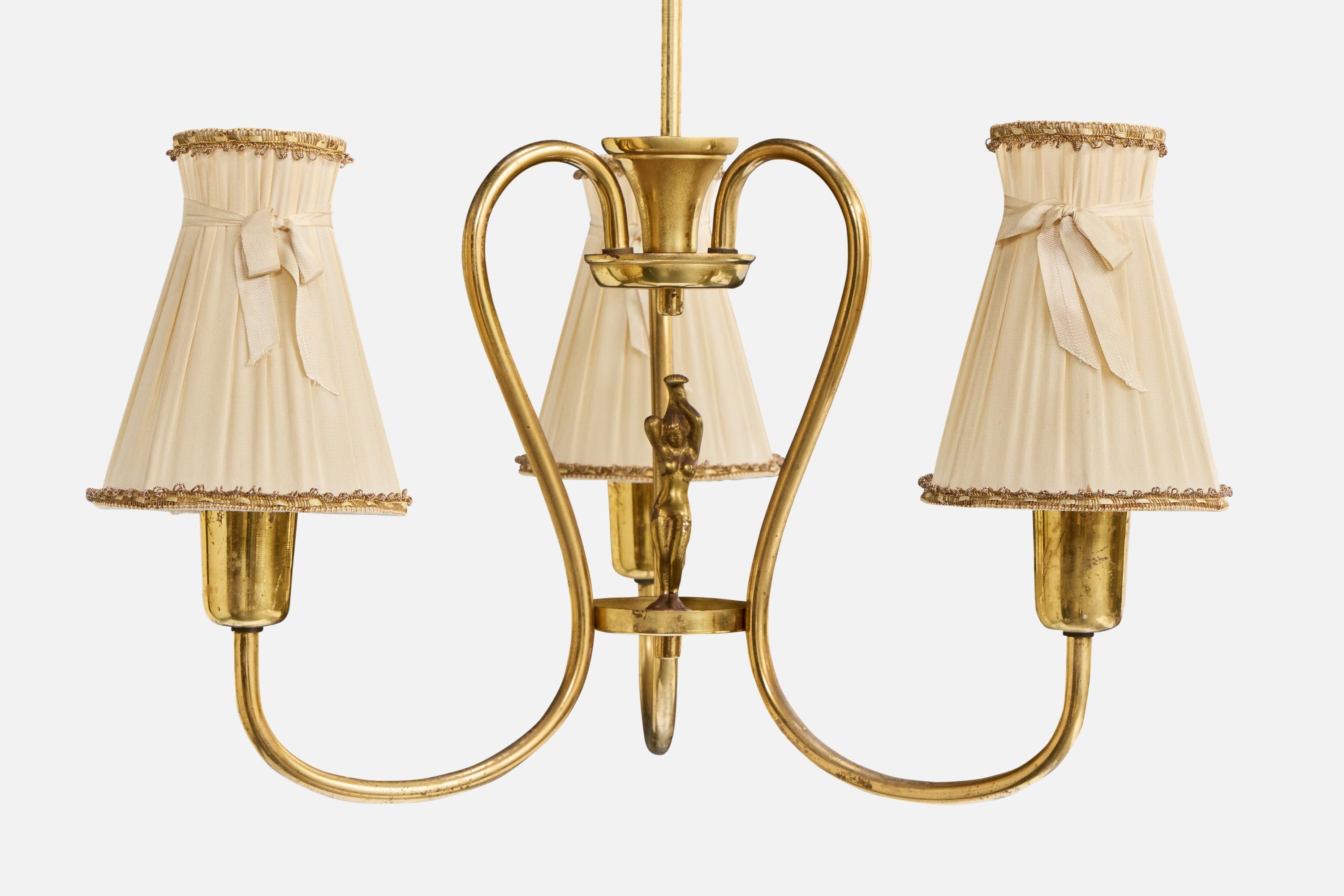 Mid-20th Century Swedish Designer, Chandelier, Brass, Fabric, Sweden, 1940s For Sale