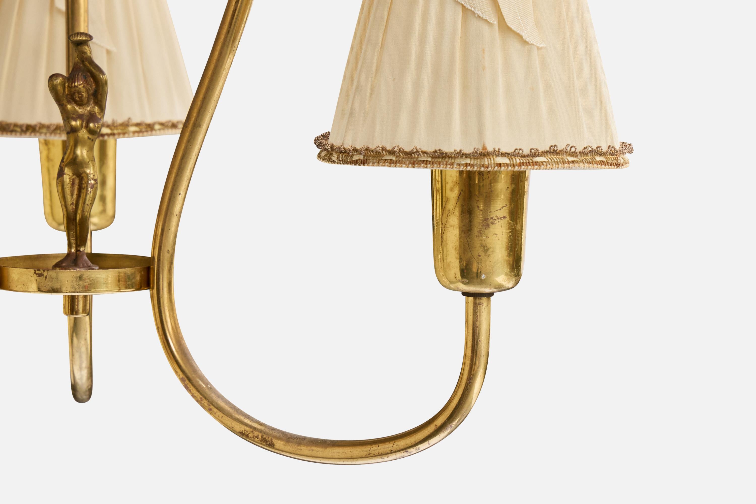 Swedish Designer, Chandelier, Brass, Fabric, Sweden, 1940s For Sale 1