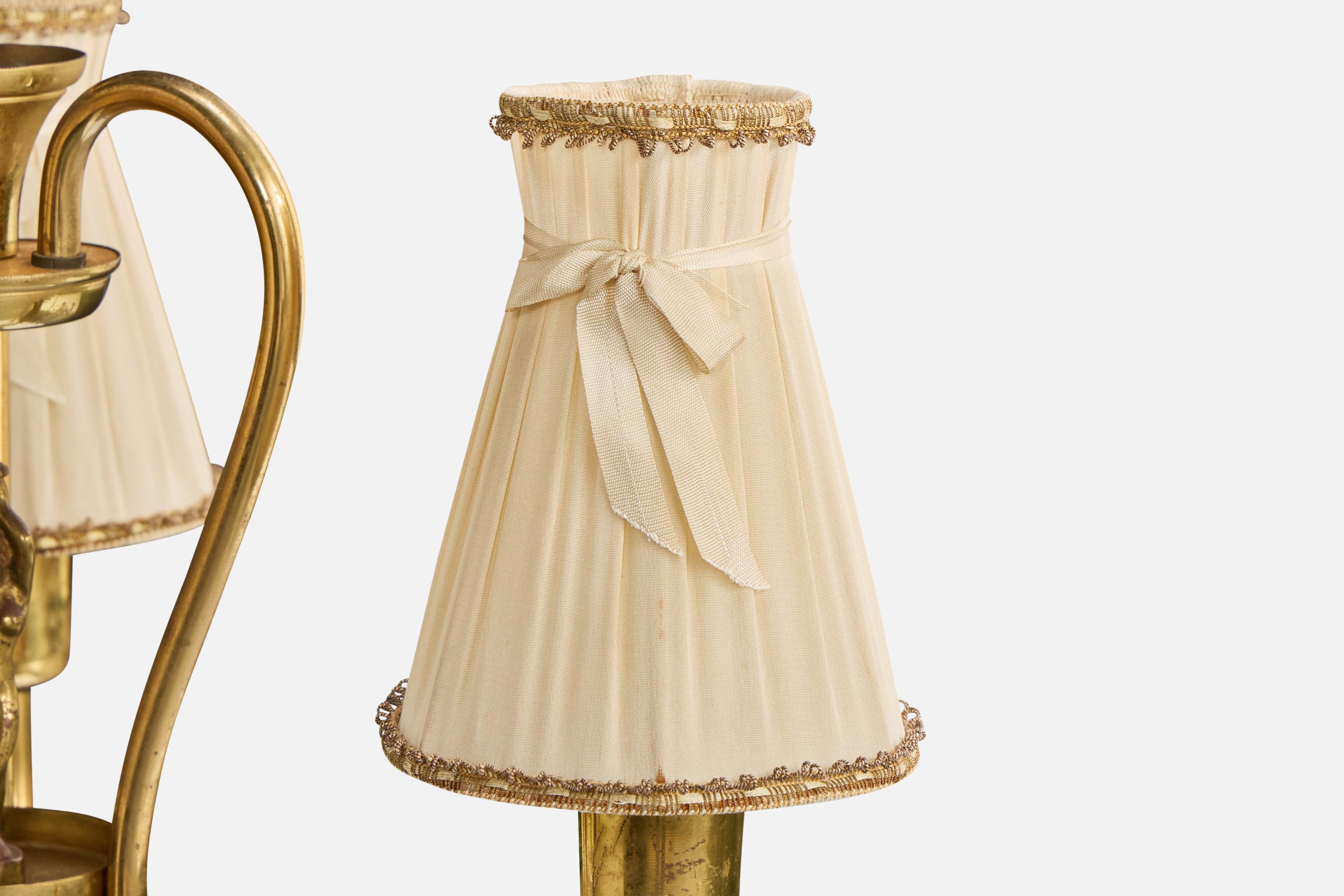 Swedish Designer, Chandelier, Brass, Fabric, Sweden, 1940s For Sale 2