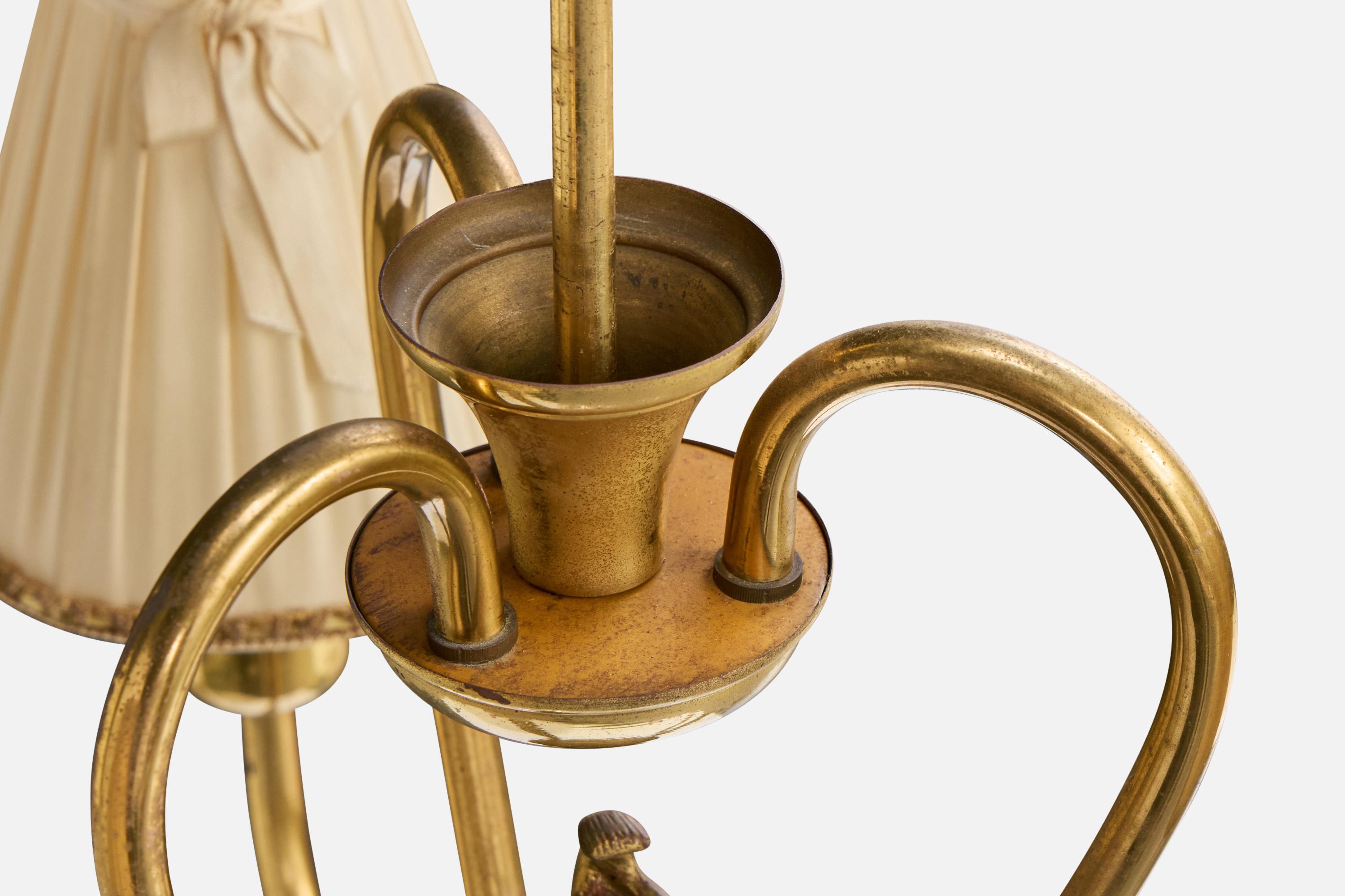 Swedish Designer, Chandelier, Brass, Fabric, Sweden, 1940s For Sale 4