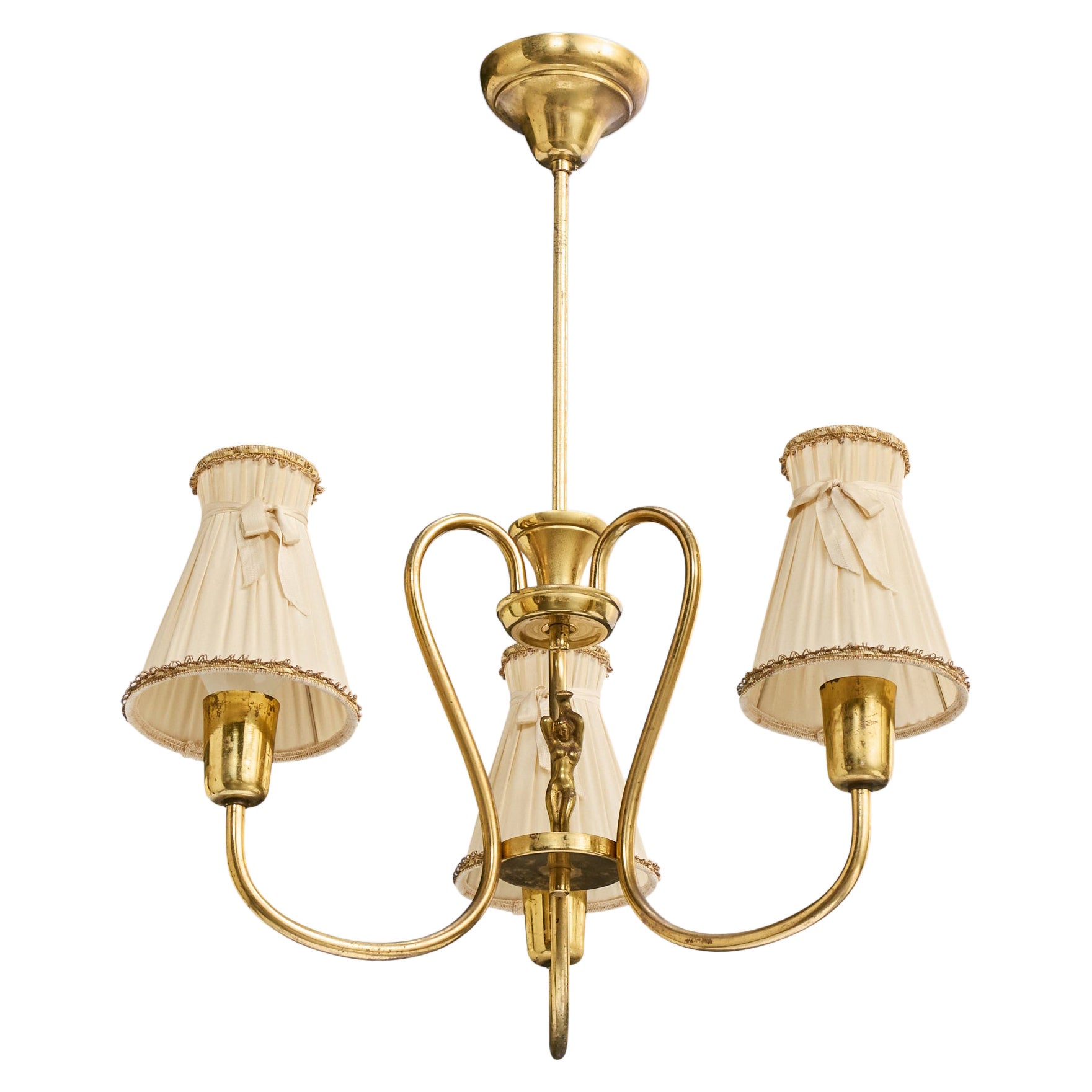 Swedish Designer, Chandelier, Brass, Fabric, Sweden, 1940s