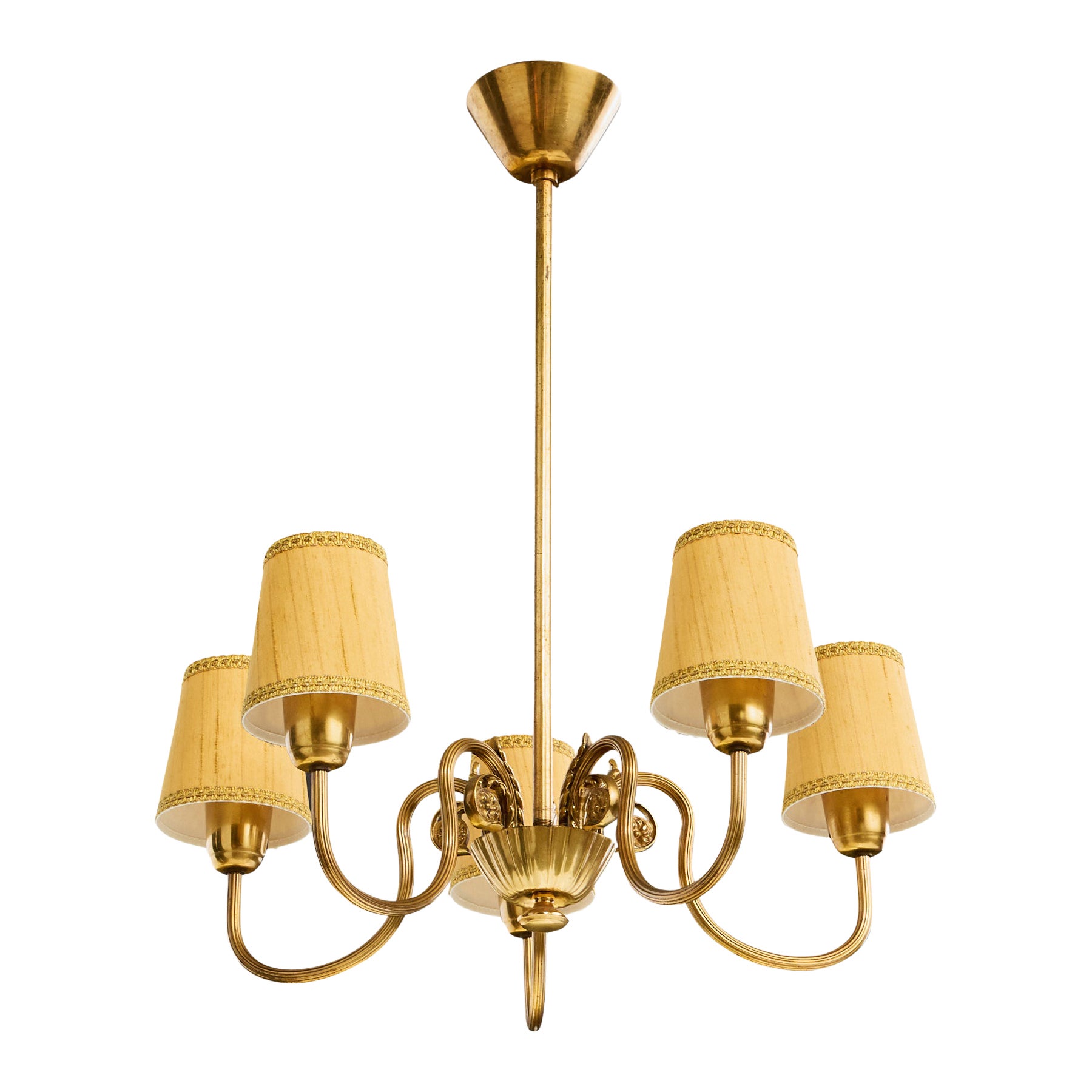 Swedish Designer, Chandelier, Brass, Fabric, Sweden, 1940s