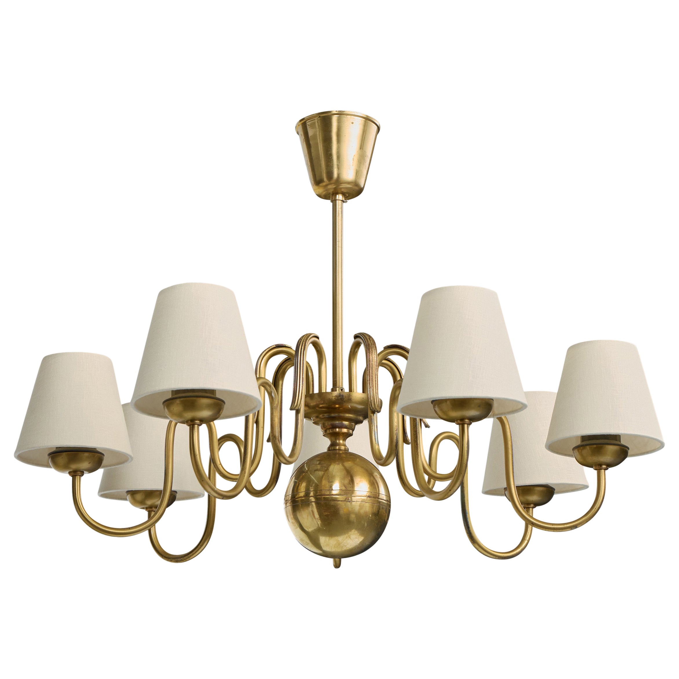 Swedish Designer, Chandelier, Brass, Fabric, Sweden, 1940s