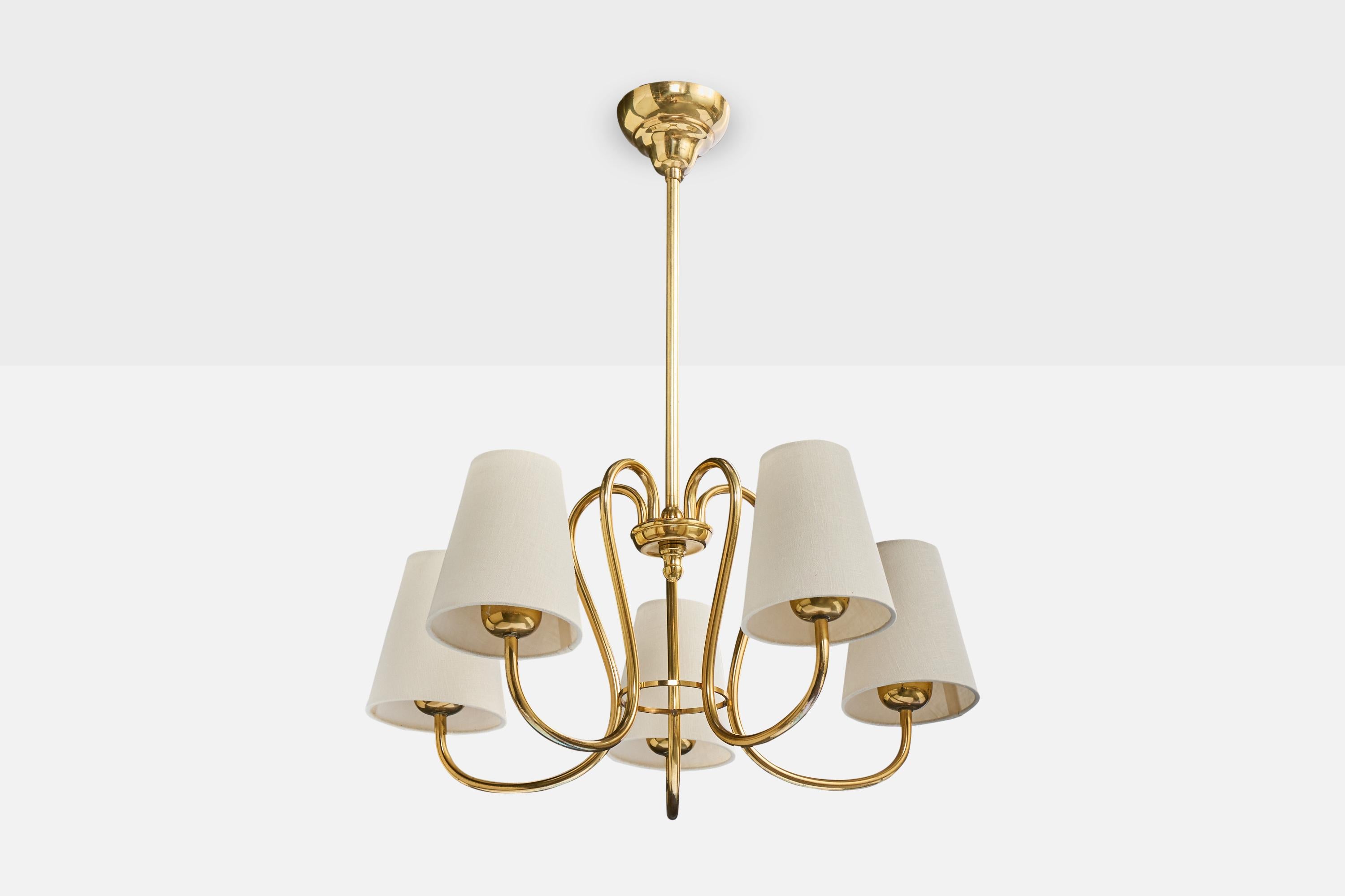 A brass and white fabric chandelier designed and produced in Sweden, c. 1950s.

Overall Dimensions (inches): 27.0