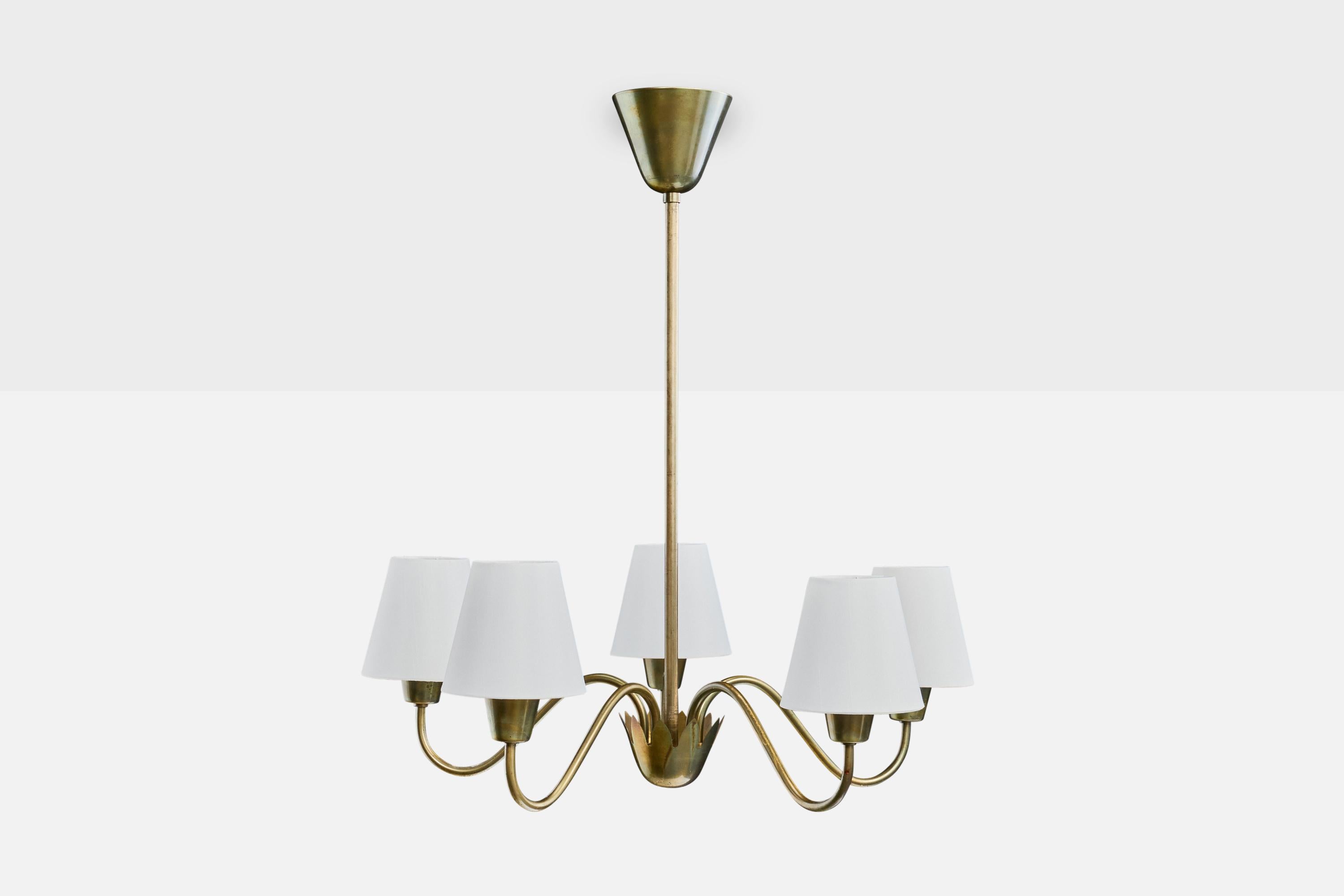 Mid-Century moderno Swedish Designer, Chandelier, Brass, Fabric, Sweden, 1950s in vendita