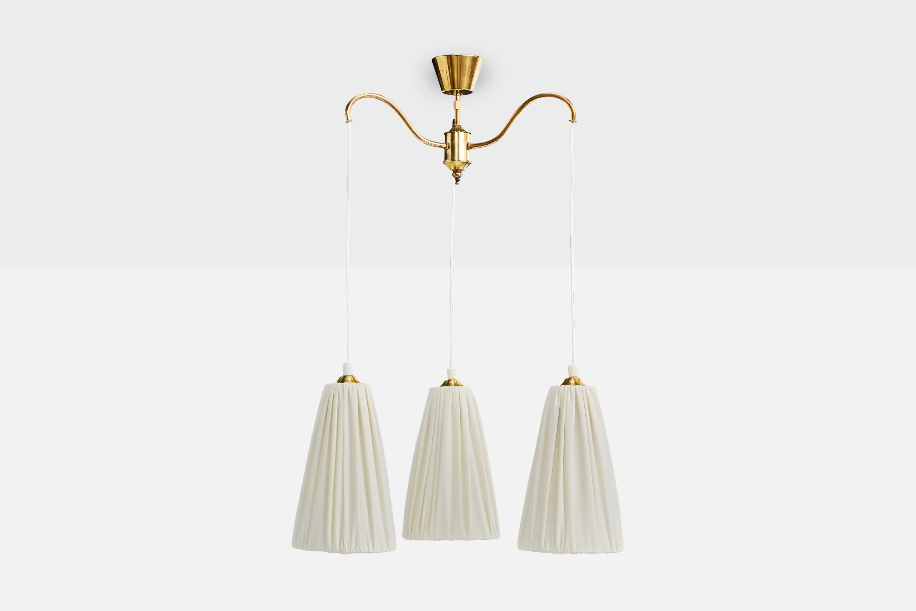Mid-Century Modern Swedish Designer, Chandelier, Brass, Fabric, Sweden, 1950s For Sale