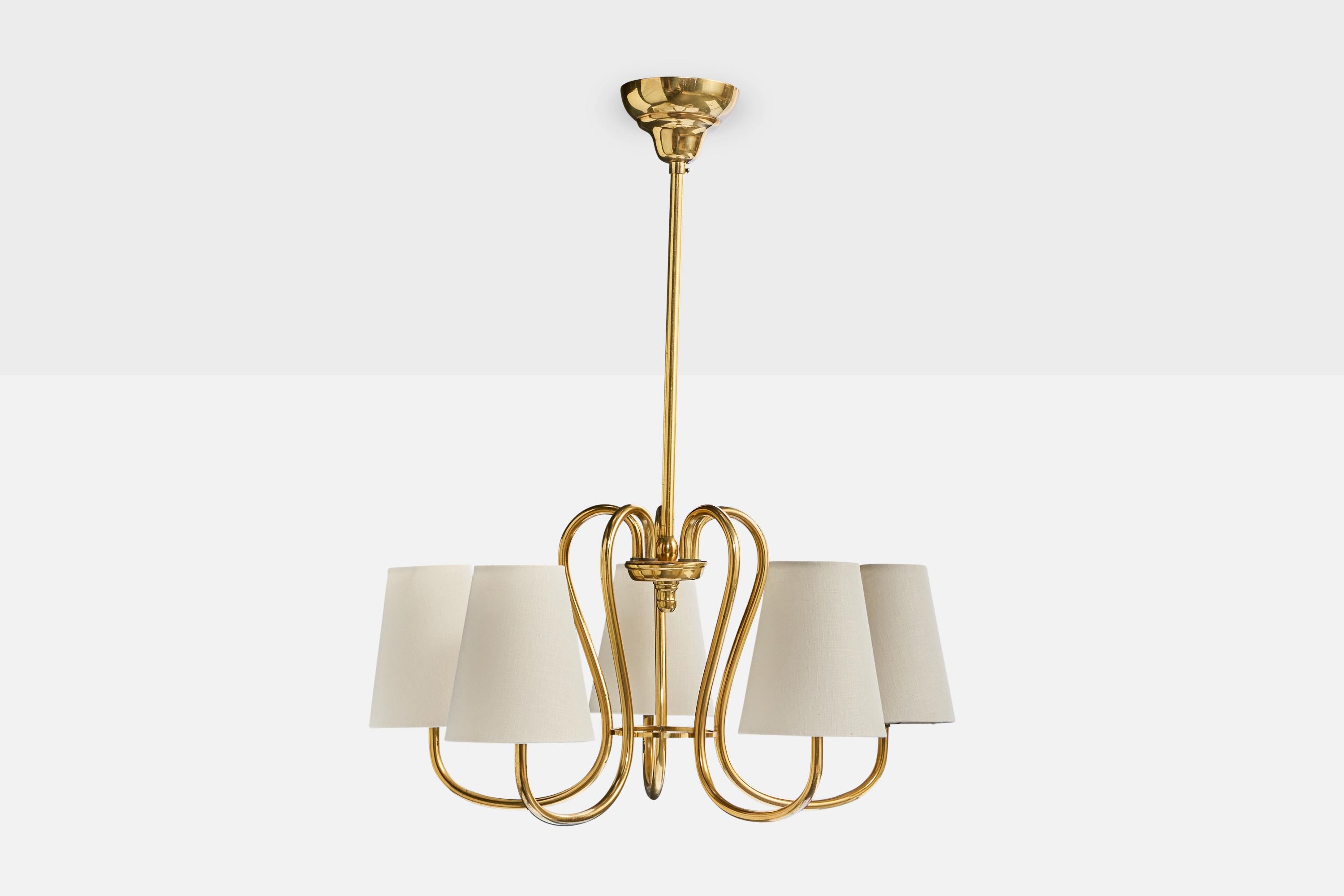Mid-Century Modern Swedish Designer, Chandelier, Brass, Fabric, Sweden, 1950s For Sale