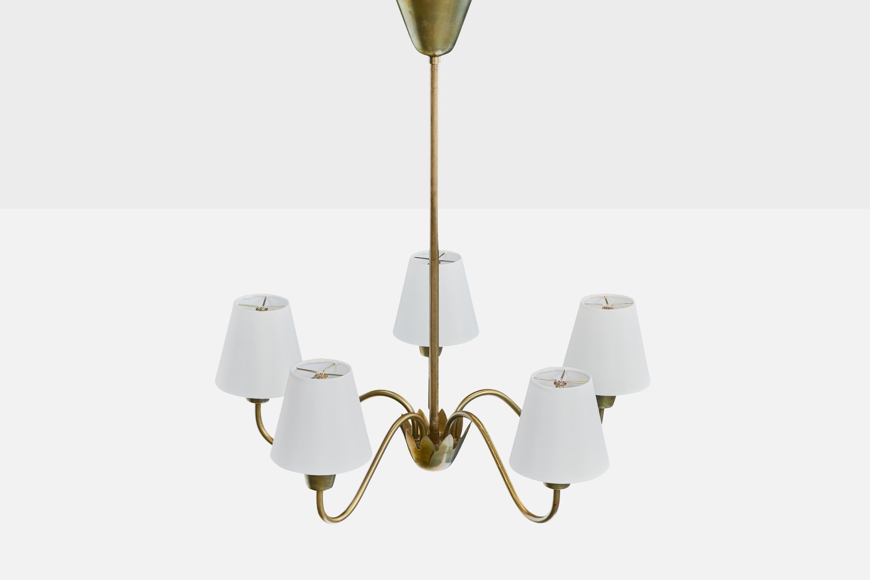 Svedese Swedish Designer, Chandelier, Brass, Fabric, Sweden, 1950s in vendita
