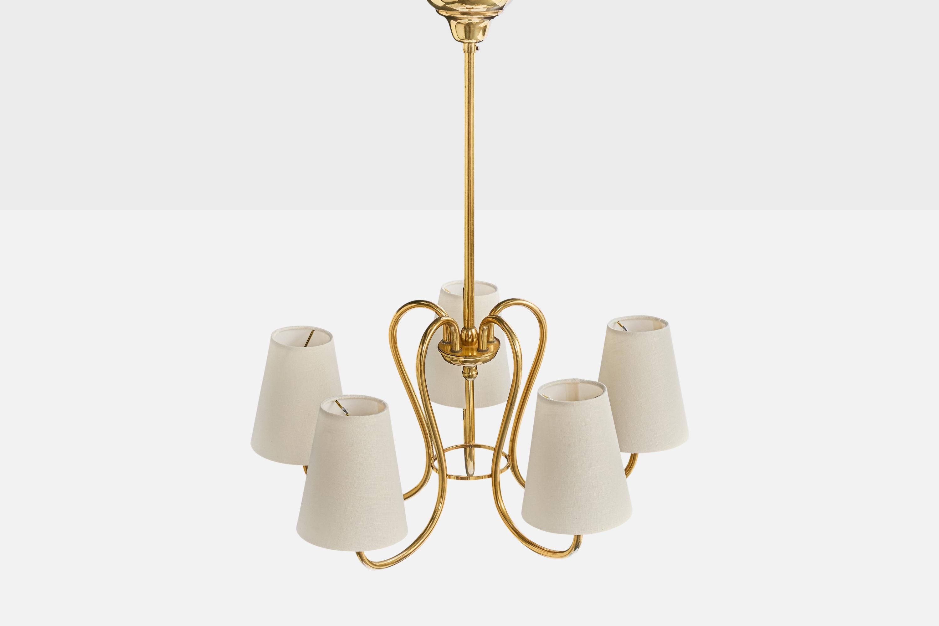 Swedish Designer, Chandelier, Brass, Fabric, Sweden, 1950s In Good Condition For Sale In High Point, NC