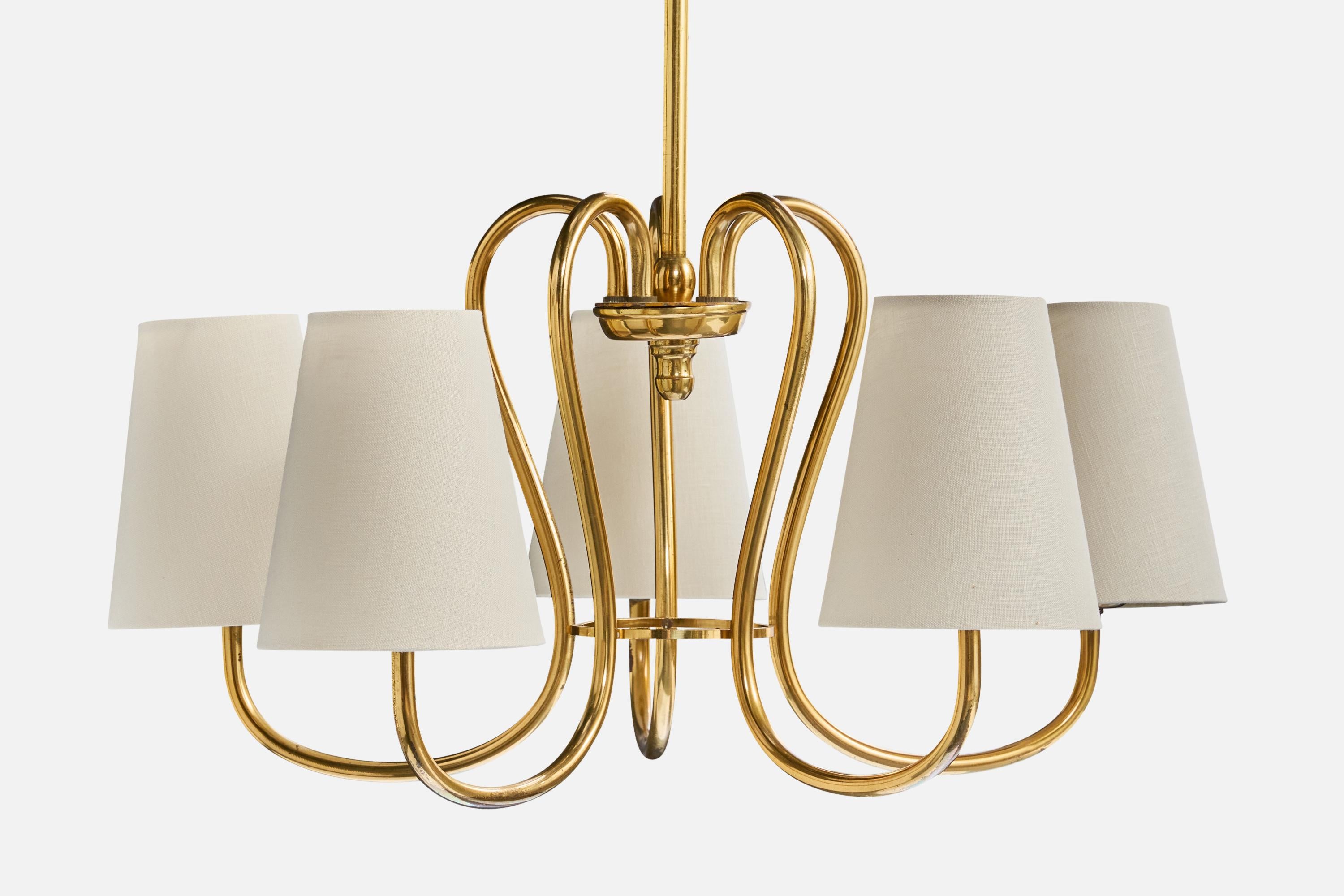 Mid-20th Century Swedish Designer, Chandelier, Brass, Fabric, Sweden, 1950s For Sale