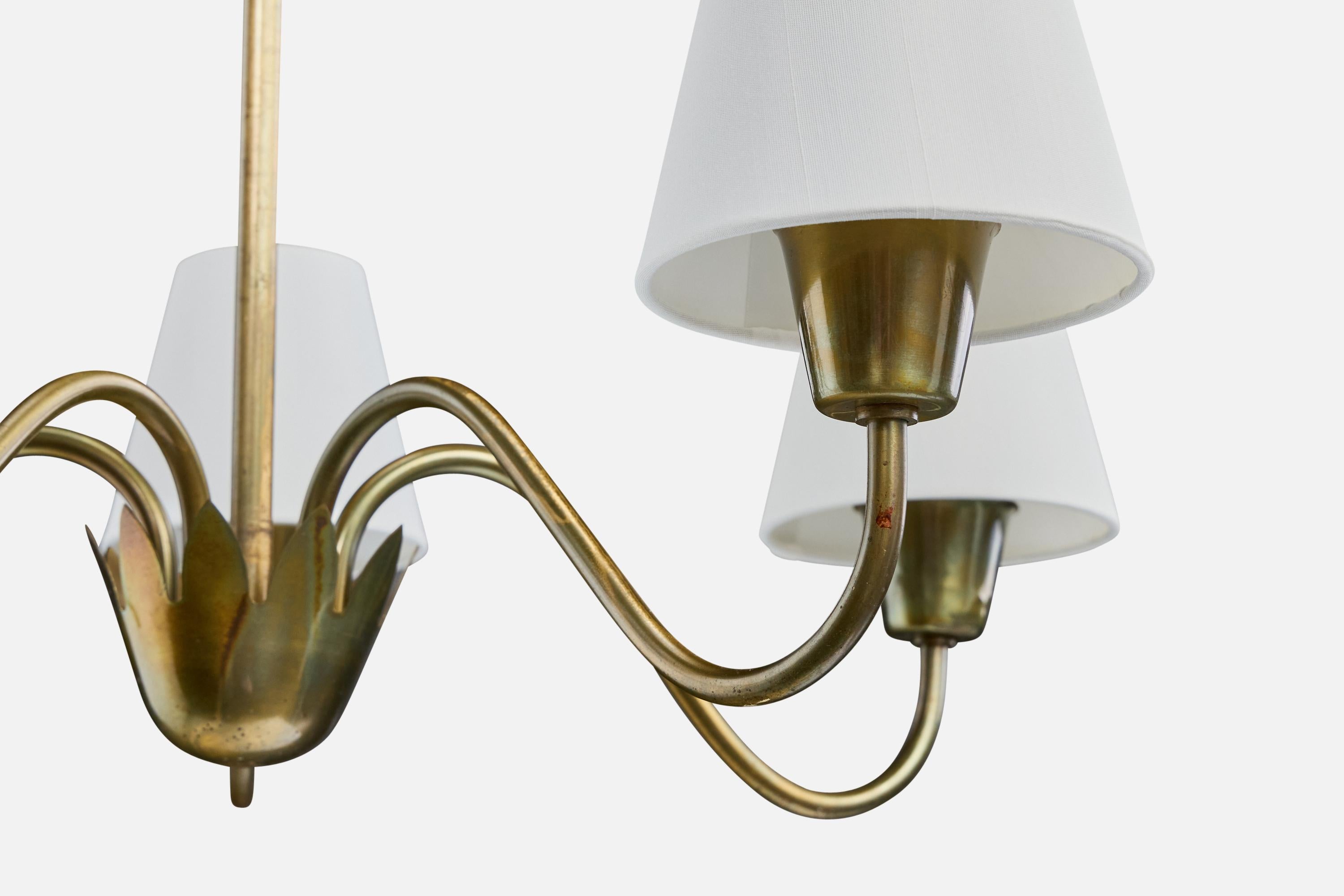 Ottone Swedish Designer, Chandelier, Brass, Fabric, Sweden, 1950s in vendita