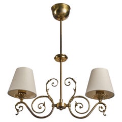 Schwedischer Designer, Kronleuchter, Messing, Stoff, Schweden, 1950er Jahre