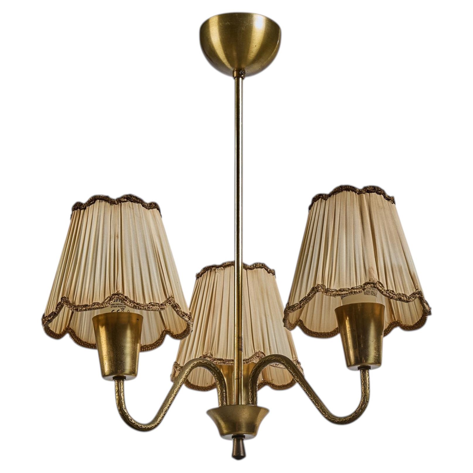 Swedish Designer, Chandelier, Brass, Fabric, Sweden, 1950s