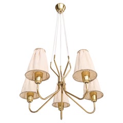 Lampadario di design svedese, ottone, tessuto, Svezia, anni '1950