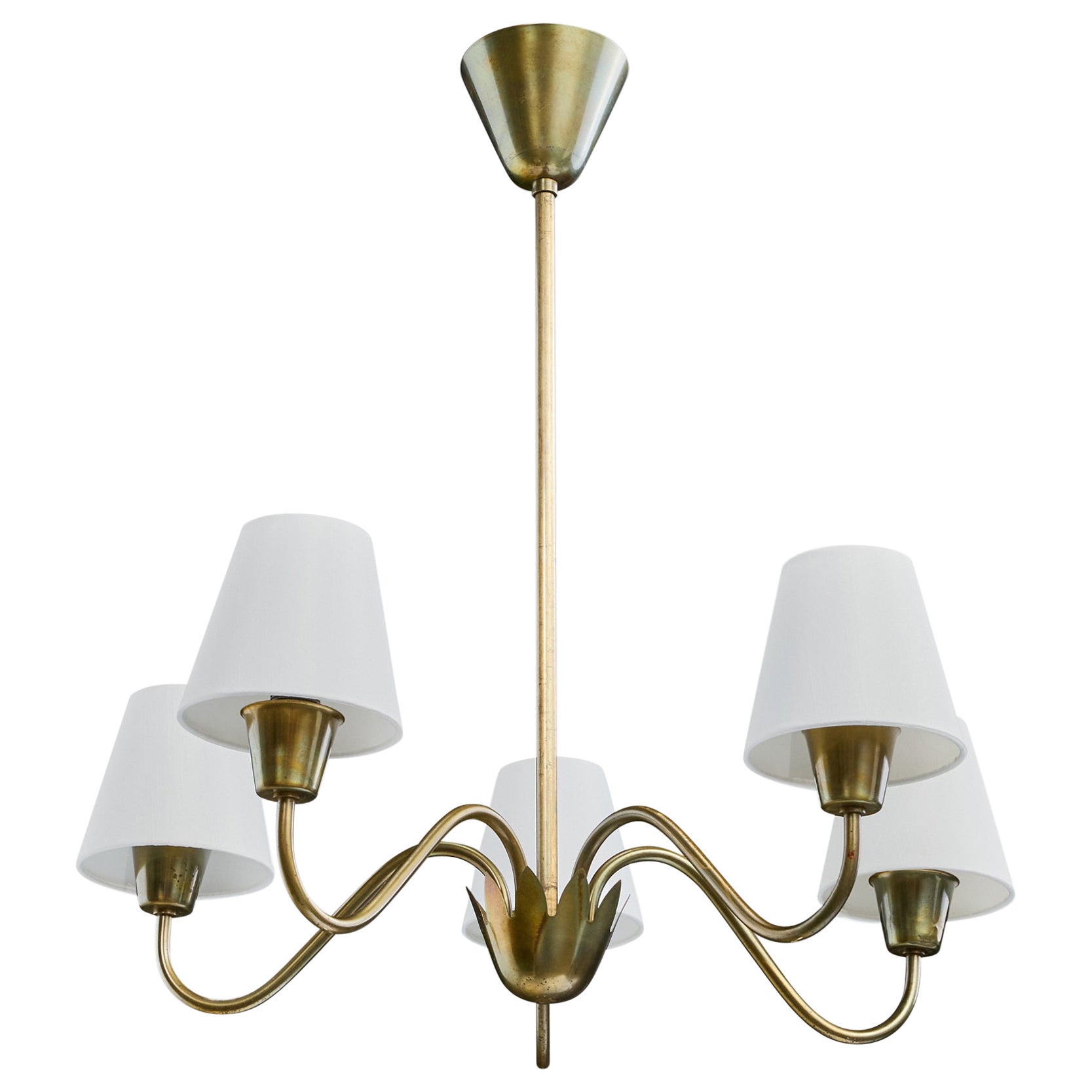 Swedish Designer, Chandelier, Brass, Fabric, Sweden, 1950s