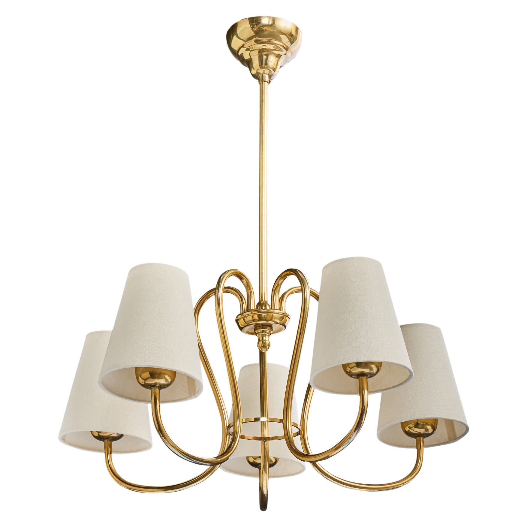 Swedish Designer, Chandelier, Brass, Fabric, Sweden, 1950s